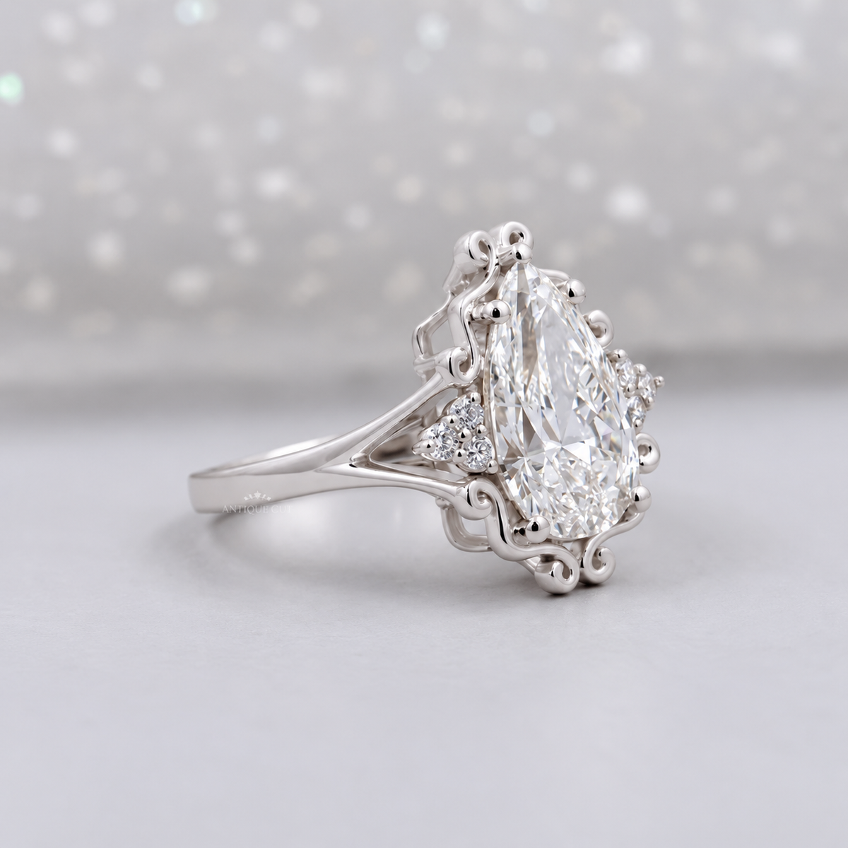 3.5 Carat Lab Grown Pear Cut Vintage Engagement Ring in Yellow Gold