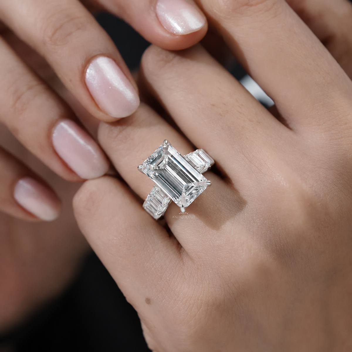 9.0 Carat Lab Grown Emerald Cut Engagement Ring with Tapered Side Stones