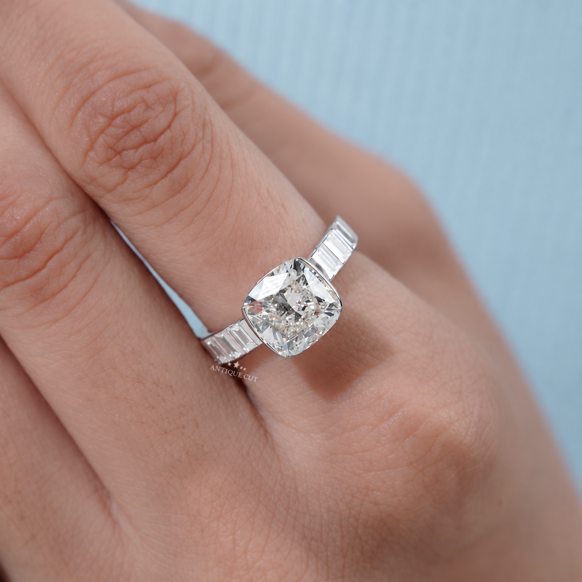 4.0 Carat Lab Grown Diamond East West Cushion Cut Half Bezel Engagement Ring