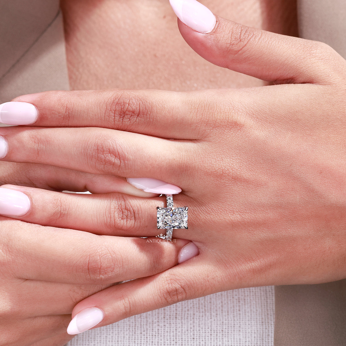 Top View of Radiant Cut Lab Grown Diamond Engagement Ring