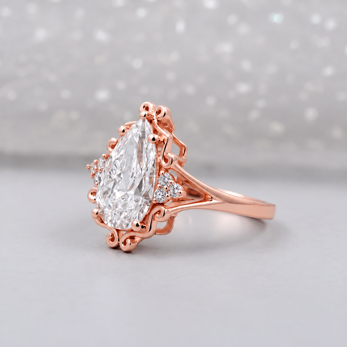 3.5 Carat Lab Grown Pear Cut Vintage Engagement Ring in Yellow Gold
