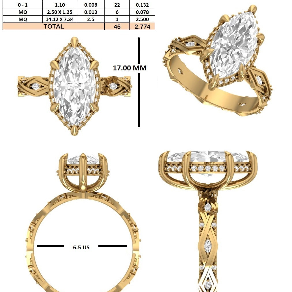 Custom Order - Hunter Tosten | 2.5CT Marquise | DE/VVS | 10K White Gold | 5.25 (US)