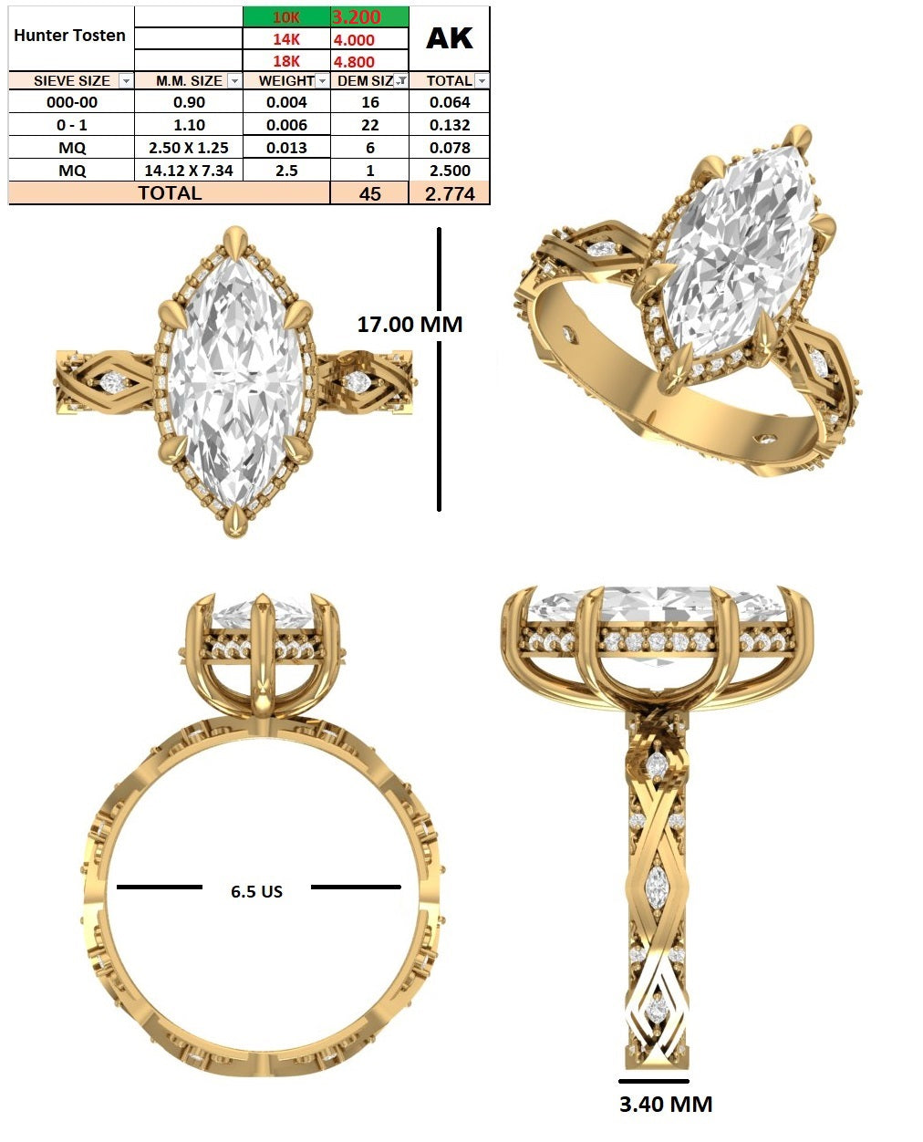 Custom Order - Hunter Tosten | 2.5CT Marquise | DE/VVS | 10K White Gold | 5.25 (US)
