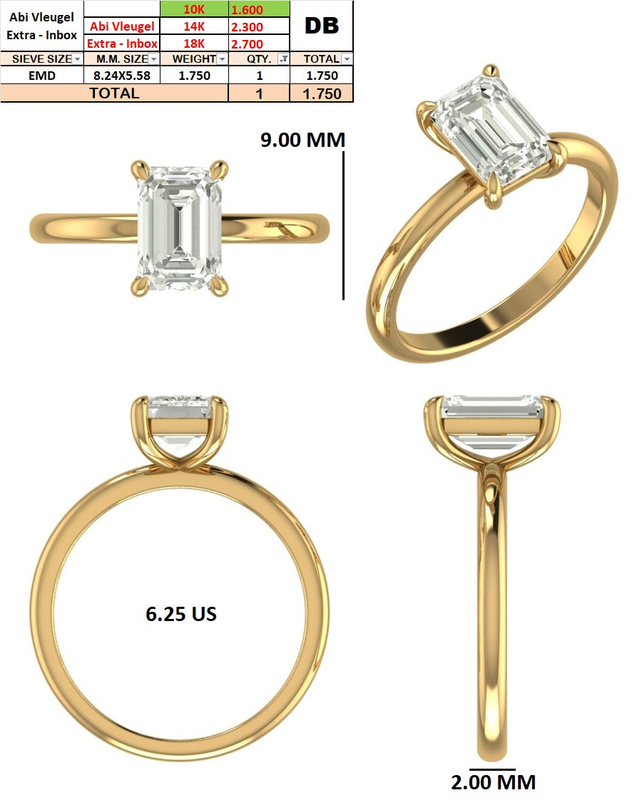 Custom Order -  Abi Vleugel | 1.75ct Emerald | F / VS1 ( 651499932 ) | 10k yellow gold | Ring Size - 6.25