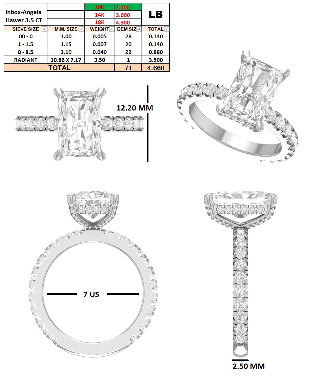 Custom Order - Angela Hawker | 3.5ct Radiant Diamond | E/VVS | 10K white gold | Ring Size - 7 | Band width - 2.2mm