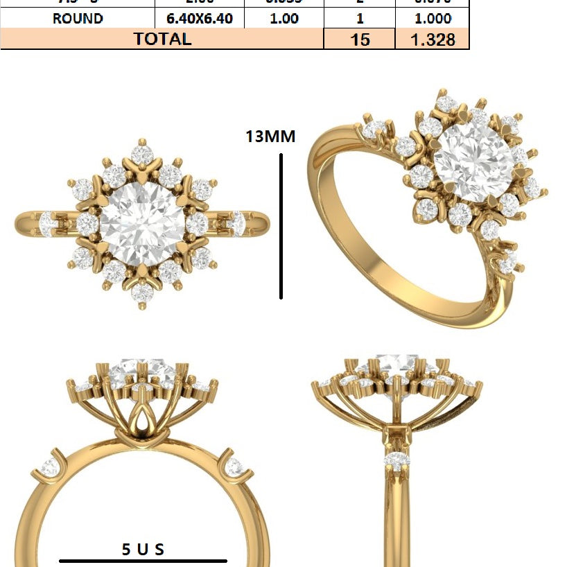 Custom order - Ari Spence | 1.328 tcw Round Diamonds | F/VVS | 14k Yellow gold | Ring size - 5 |