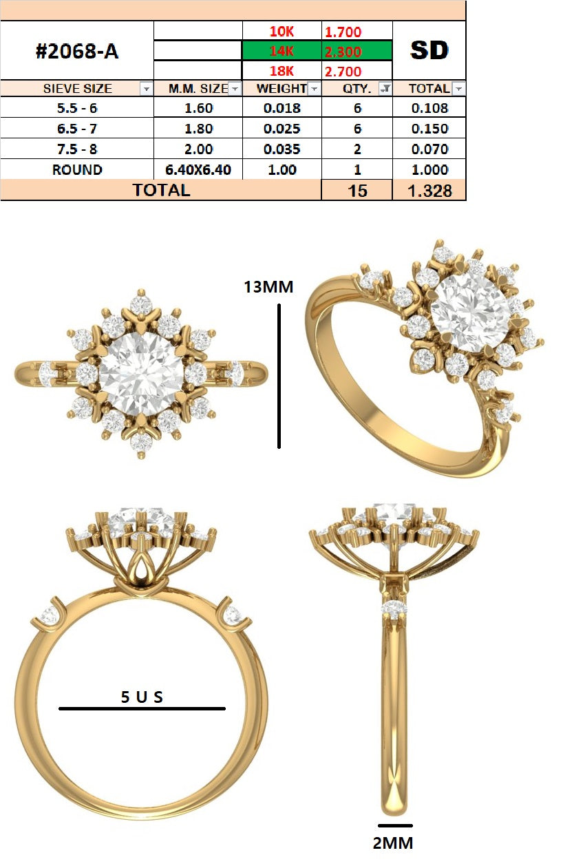 Custom order - Ari Spence | 1.328 tcw Round Diamonds | F/VVS | 14k Yellow gold | Ring size - 5 |
