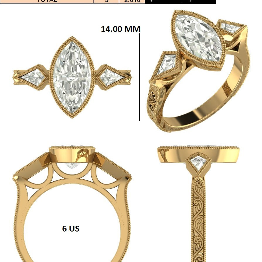 Custom Order - Austin Ware | 2 CT  Marquise | E/VVS2 | 14K Yellow Gold | Ring Size: 6 | Side Diamonds - Kite