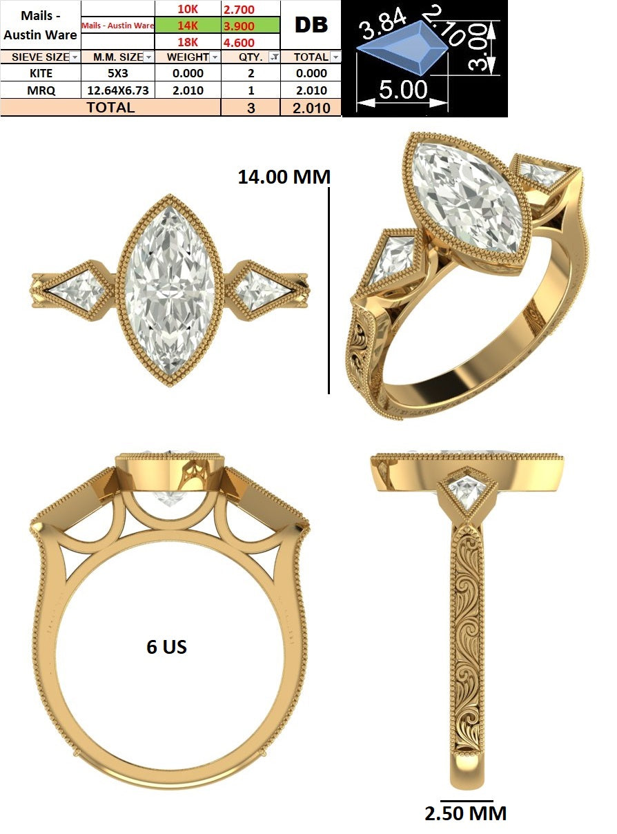 Custom Order - Austin Ware | 2 CT  Marquise | E/VVS2 | 14K Yellow Gold | Ring Size: 6 | Side Diamonds - Kite