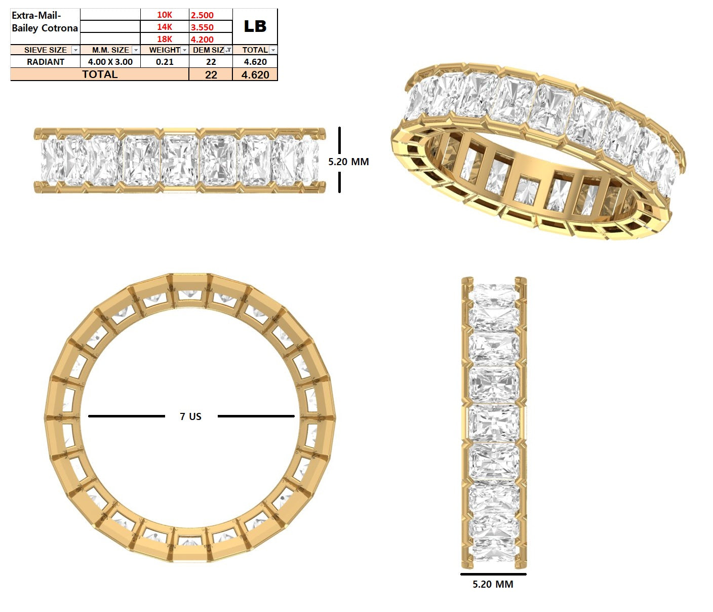 4TCW Radiant Semi Bezel Eternity Band | DE – VVS1 | 18k Yellow Gold |  7 (US)