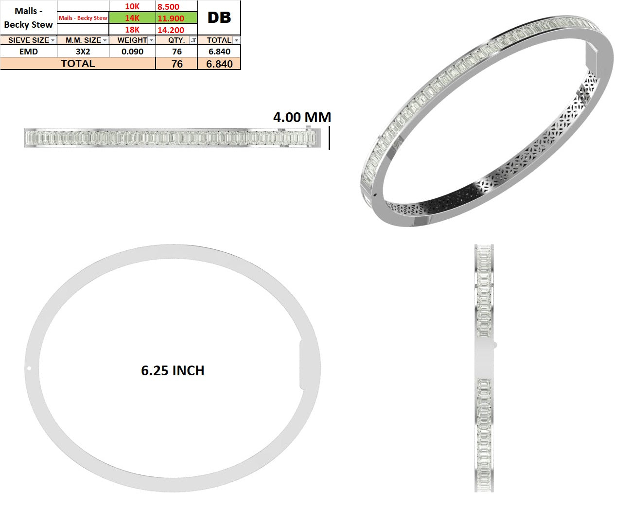 Custom Link - Becky Stew | 6.84 tcw Emerald Bracelet | E/VVS | 14k White gold | 6.25 inch