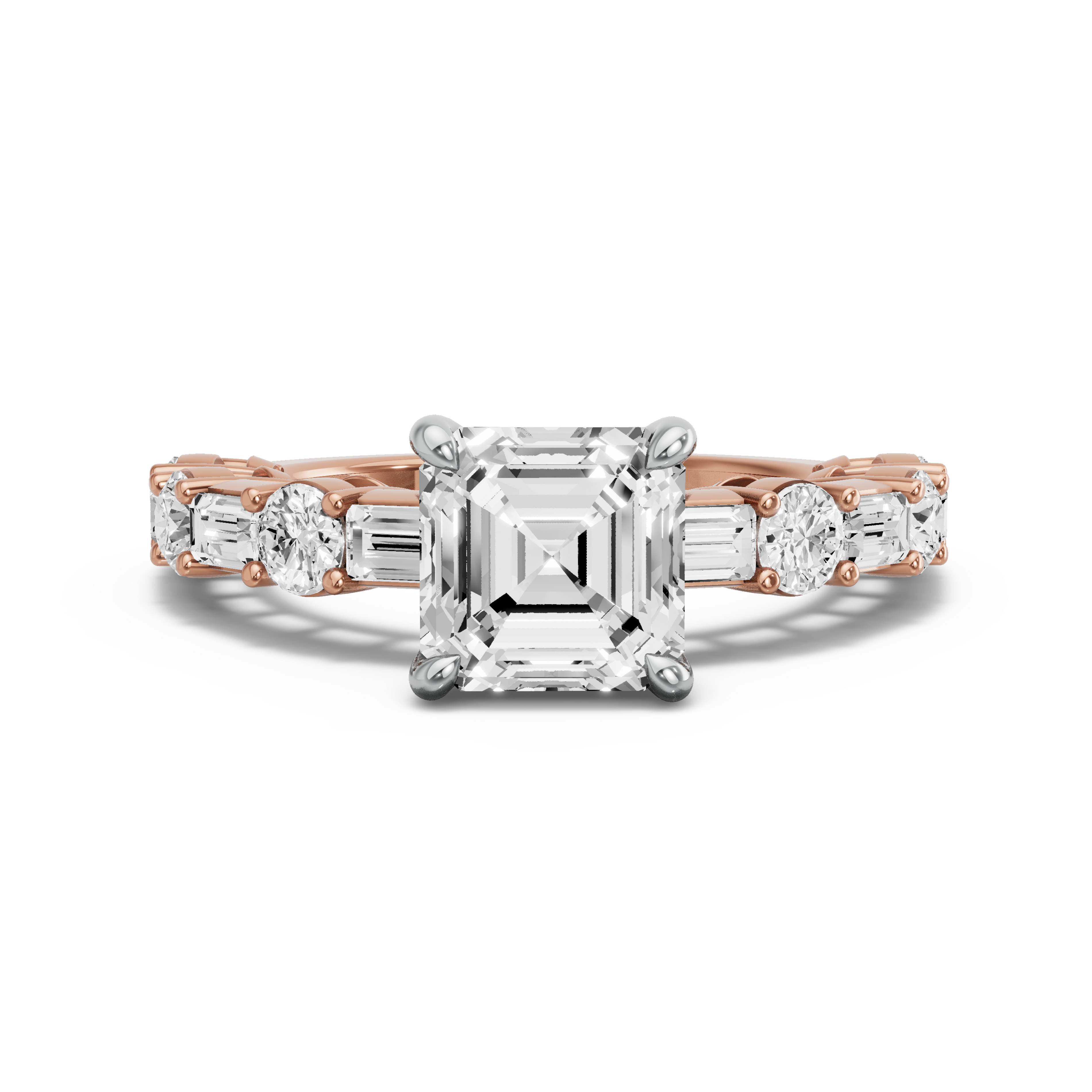 Image for Asscher Classic Basket Ring with Alternating Baguette band in 18K Two Tone Rose Gold