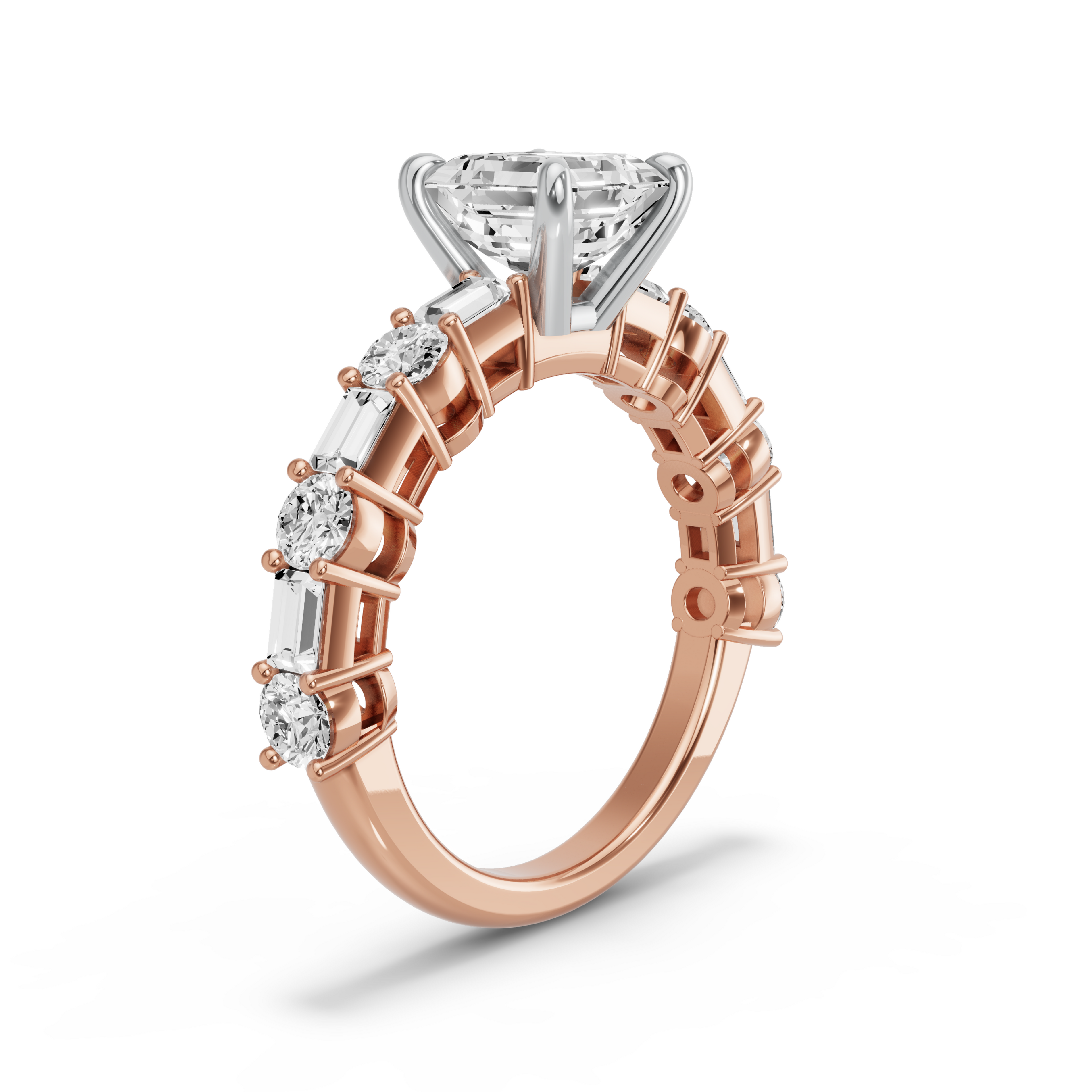 Image for Asscher Classic Basket Ring with Alternating Baguette band in 10K Two Tone Rose Gold