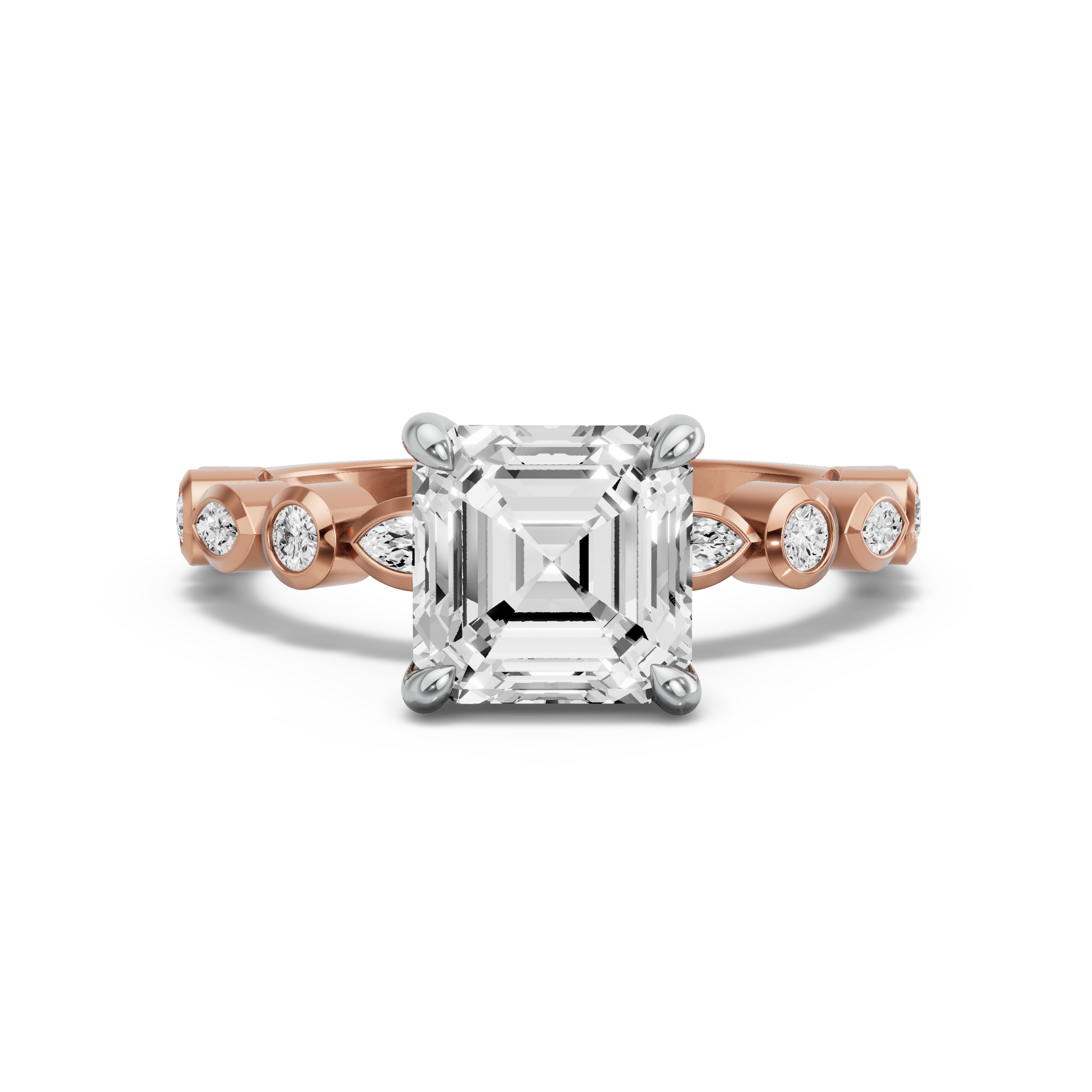 Image for Asscher Classic Basket Ring with Alternating Marquise band in 10K Two Tone Rose Gold