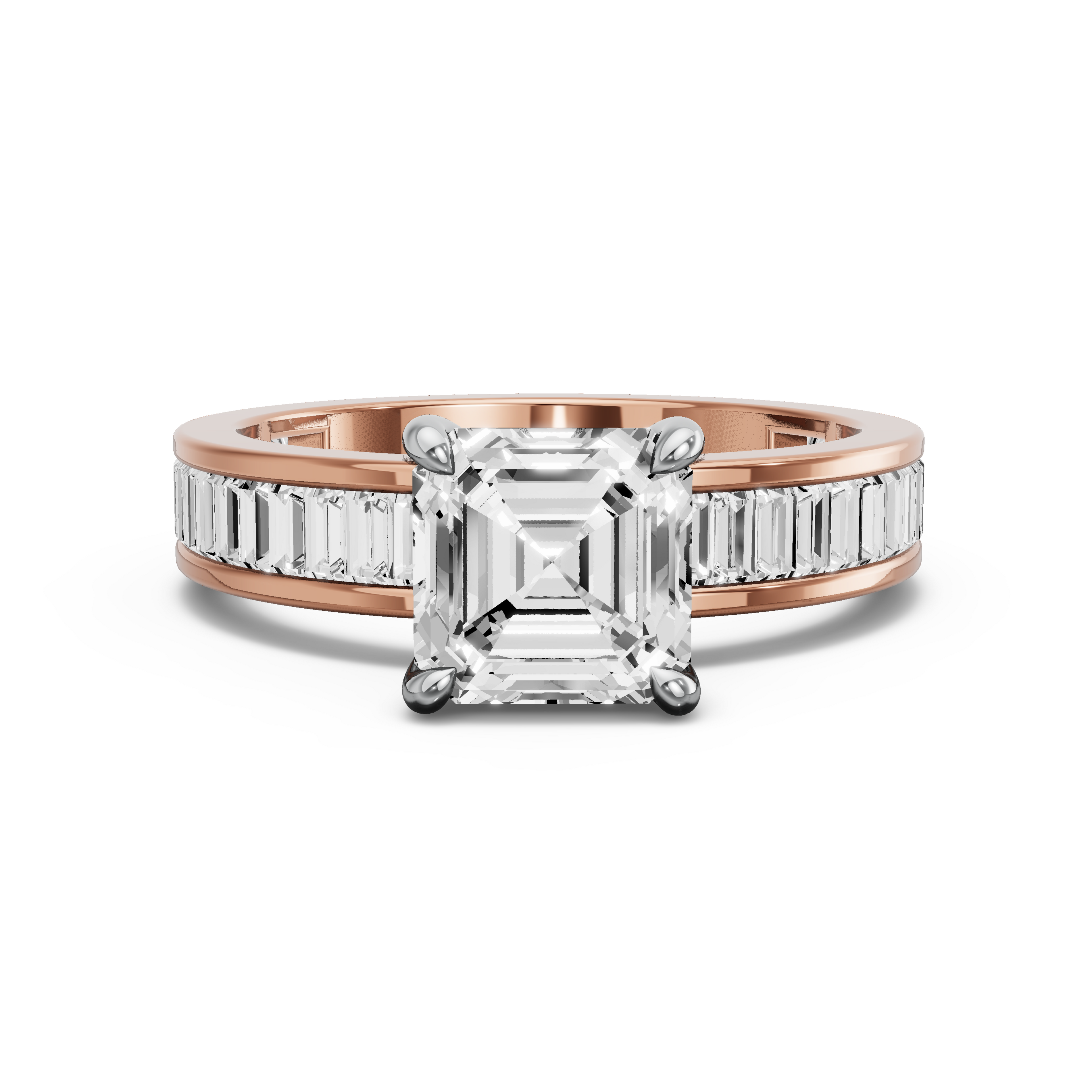 Image for Asscher Classic Basket Ring with Baguette Channel band in 18K Two Tone Rose Gold