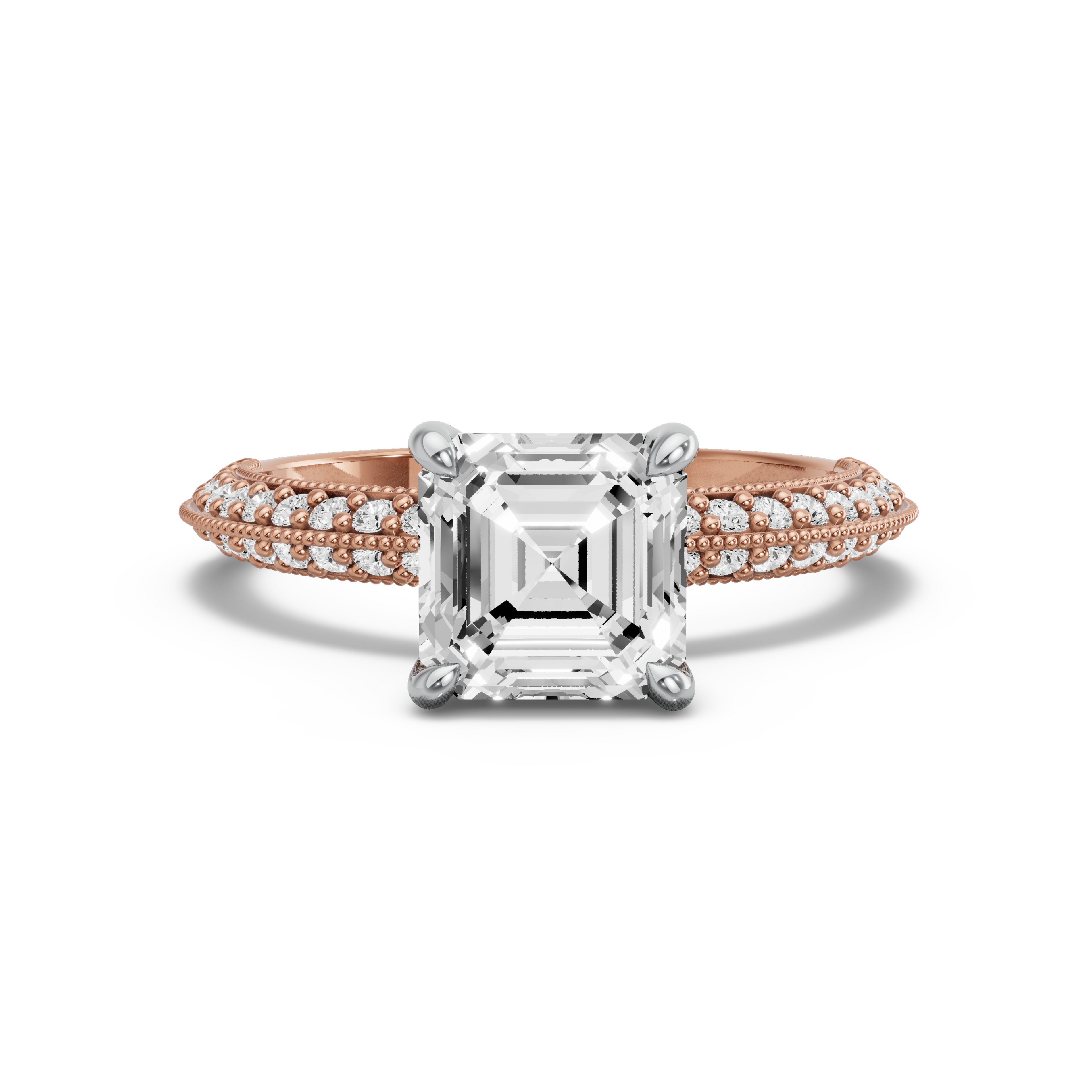 Image for Asscher Classic Basket Ring with Knife Edge Pave band in 10K Two Tone Rose Gold