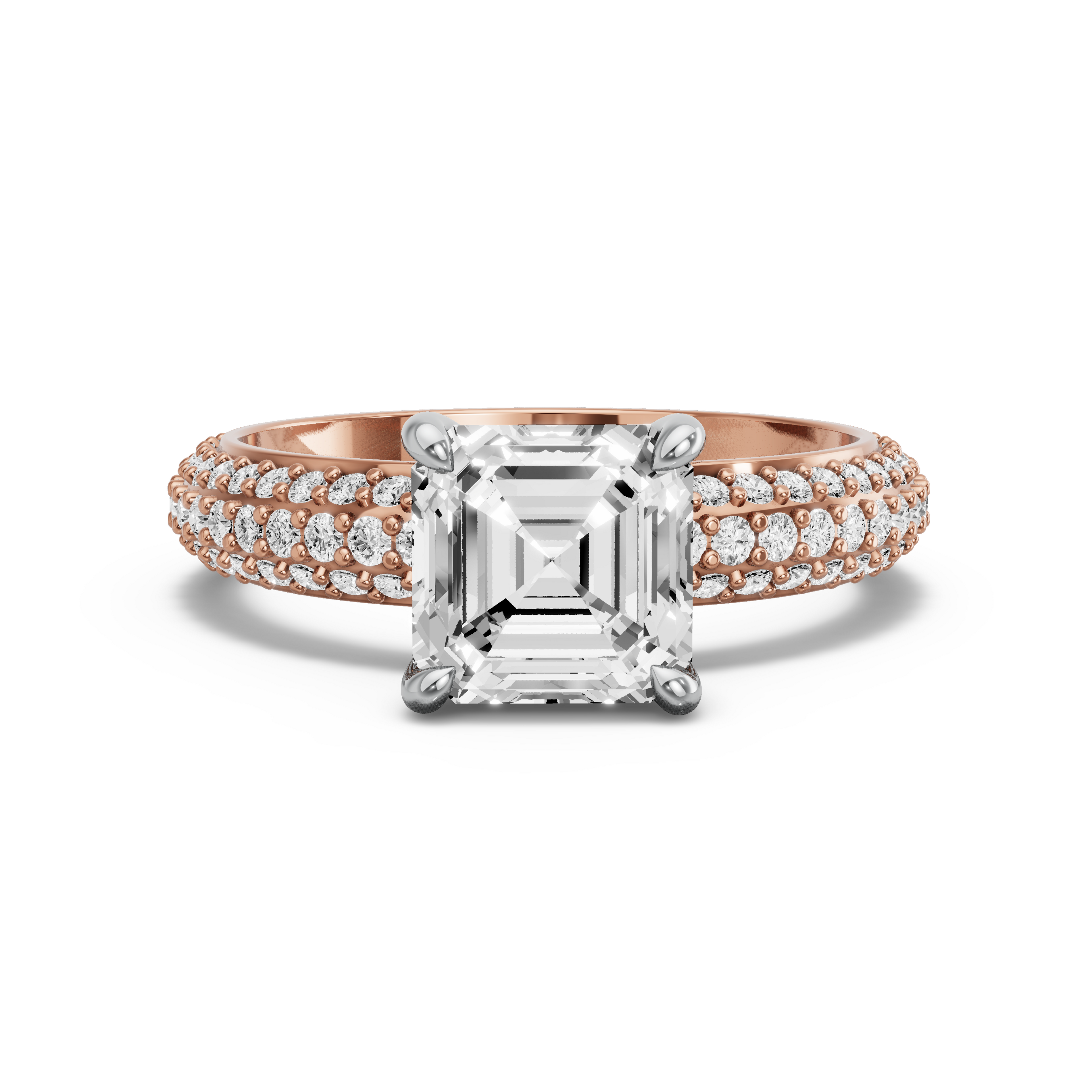 Image for Asscher Classic Basket Ring with Triple Row Pave band in 14K Two Tone Rose Gold