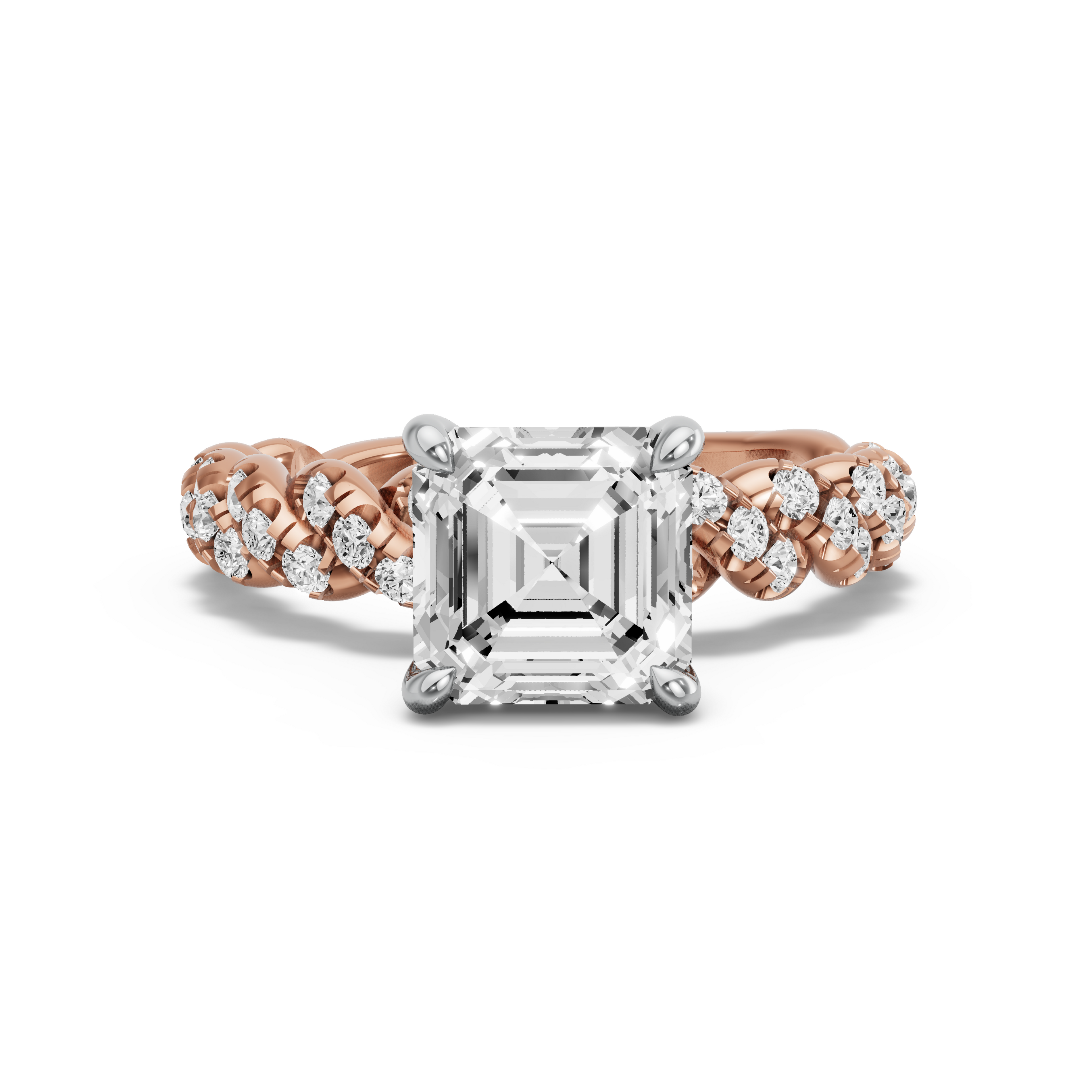 Image for Asscher Classic Basket Ring with Twist Pave band in 14K Two Tone Rose Gold