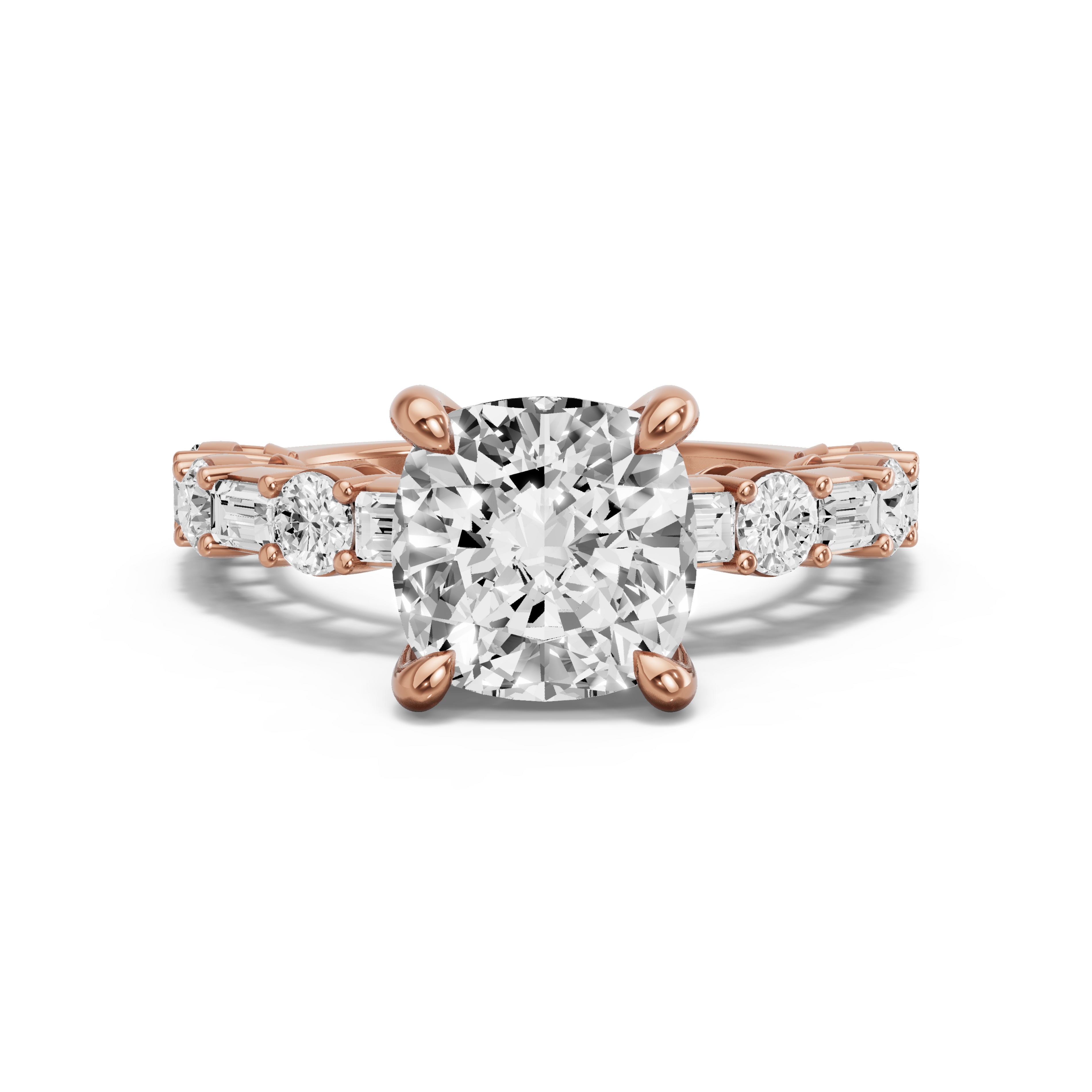 Image for Cushion Classic Basket Ring with Alternating Baguette band in 10K Rose Gold