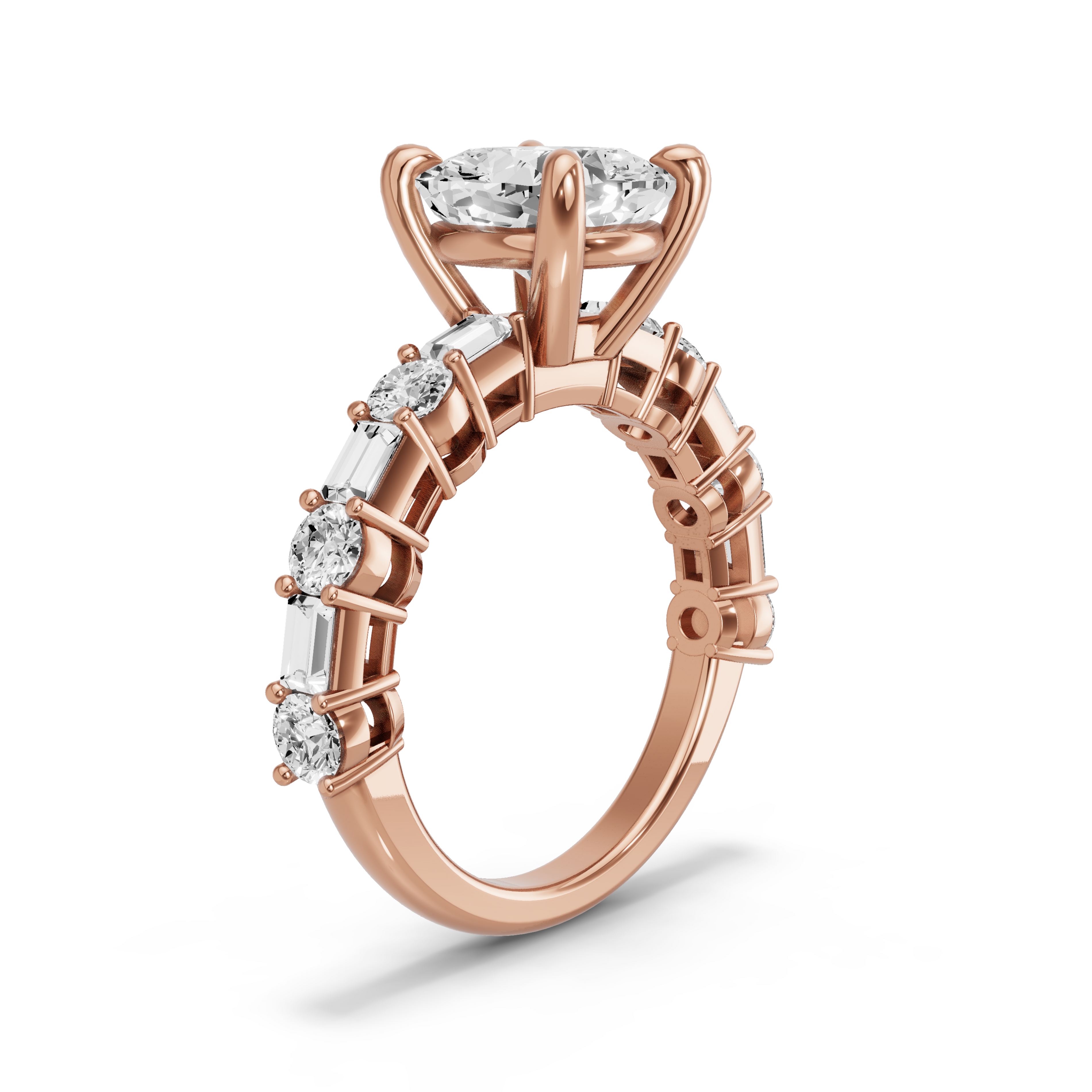 Image for Cushion Classic Basket Ring with Alternating Baguette band in 18K Rose Gold