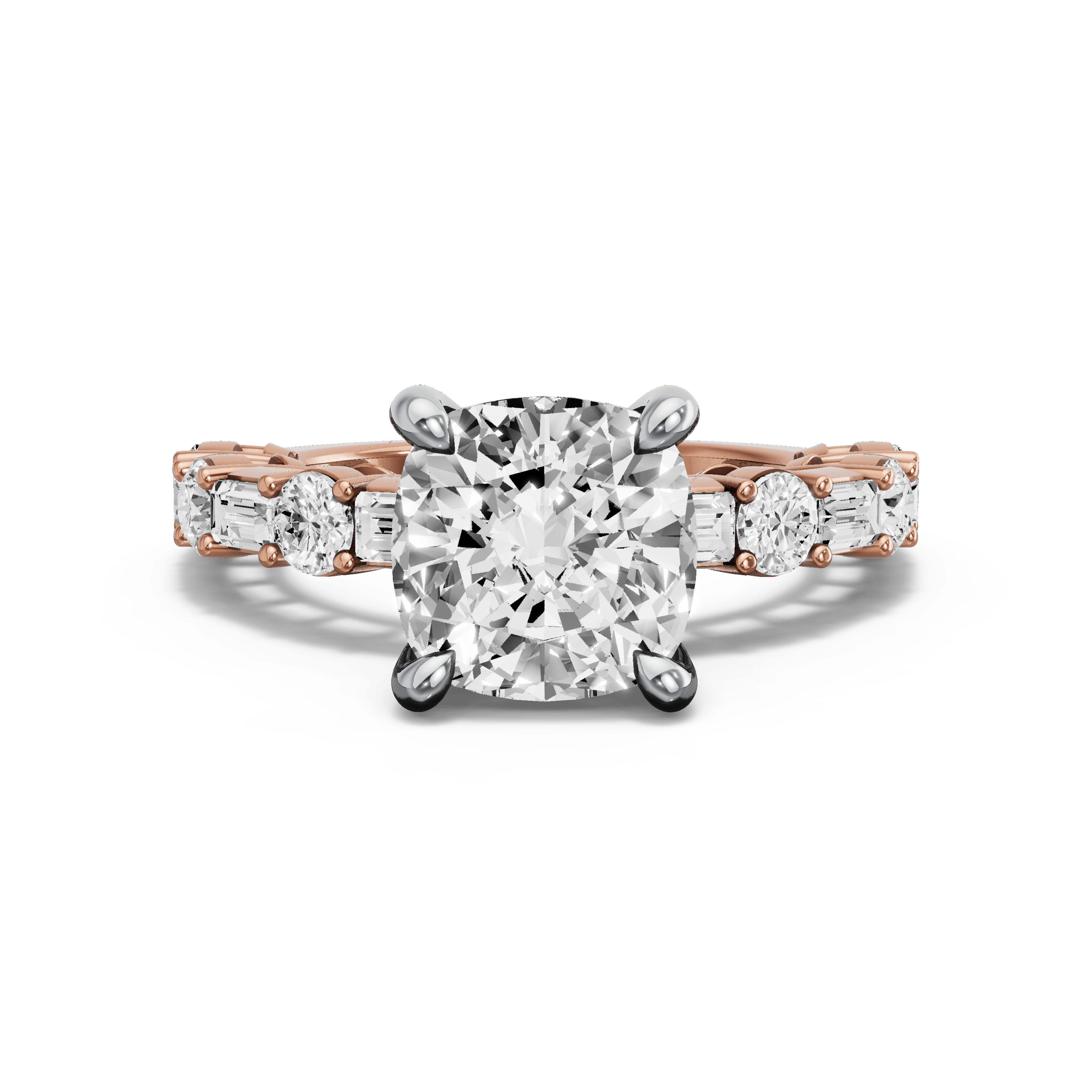 Image for Cushion Classic Basket Ring with Alternating Baguette band in 14K Two Tone Rose Gold
