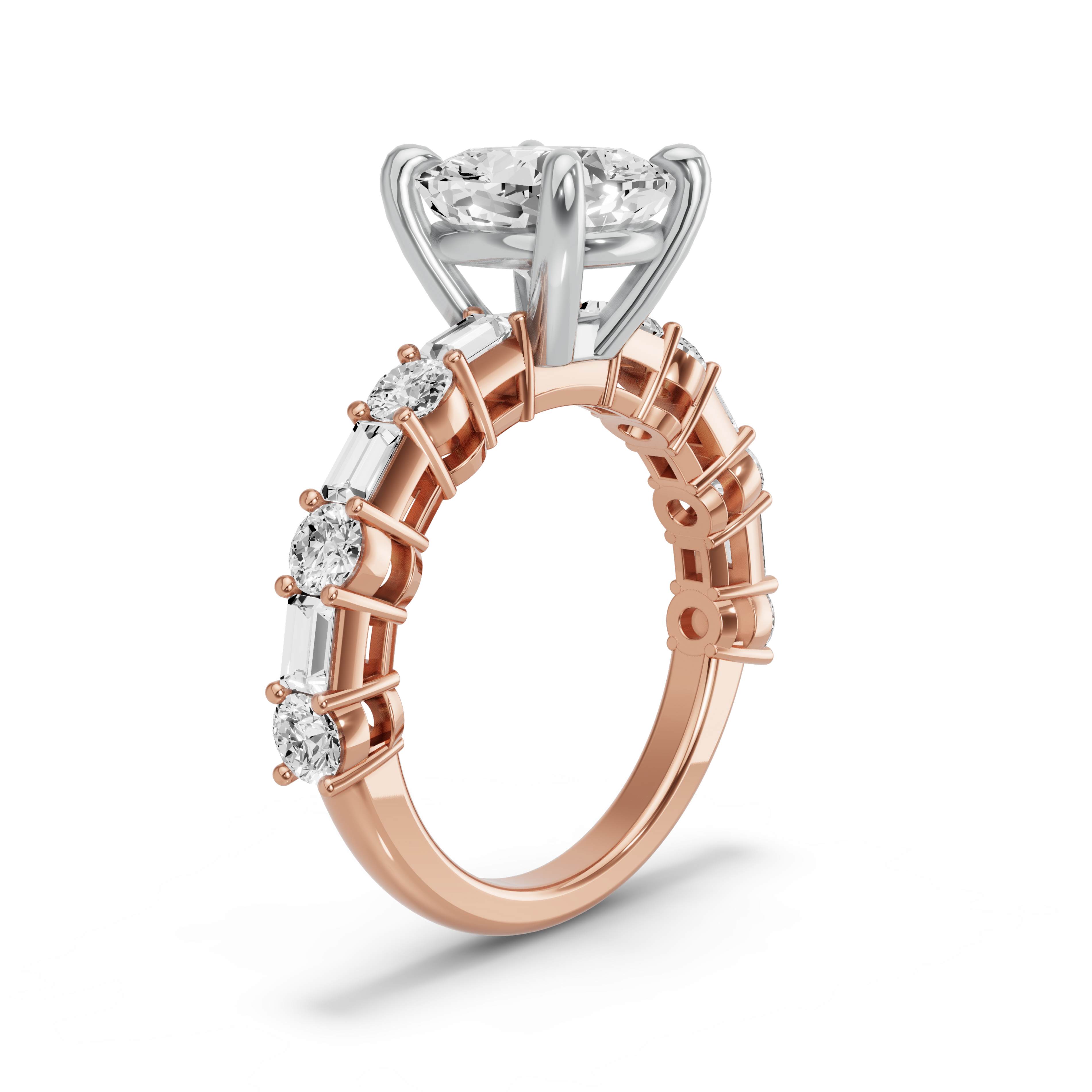 Image for Cushion Classic Basket Ring with Alternating Baguette band in 14K Two Tone Rose Gold