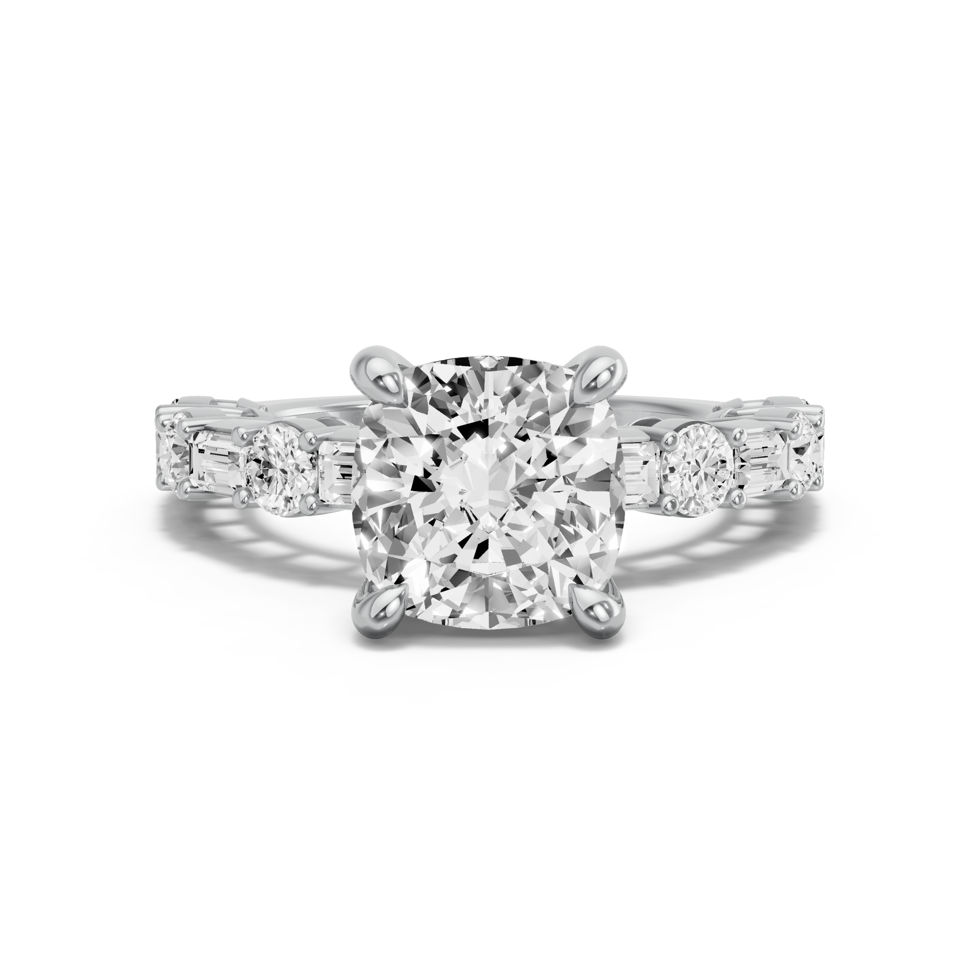 Image for Cushion Classic Basket Ring with Alternating Baguette band in 950 Platinum