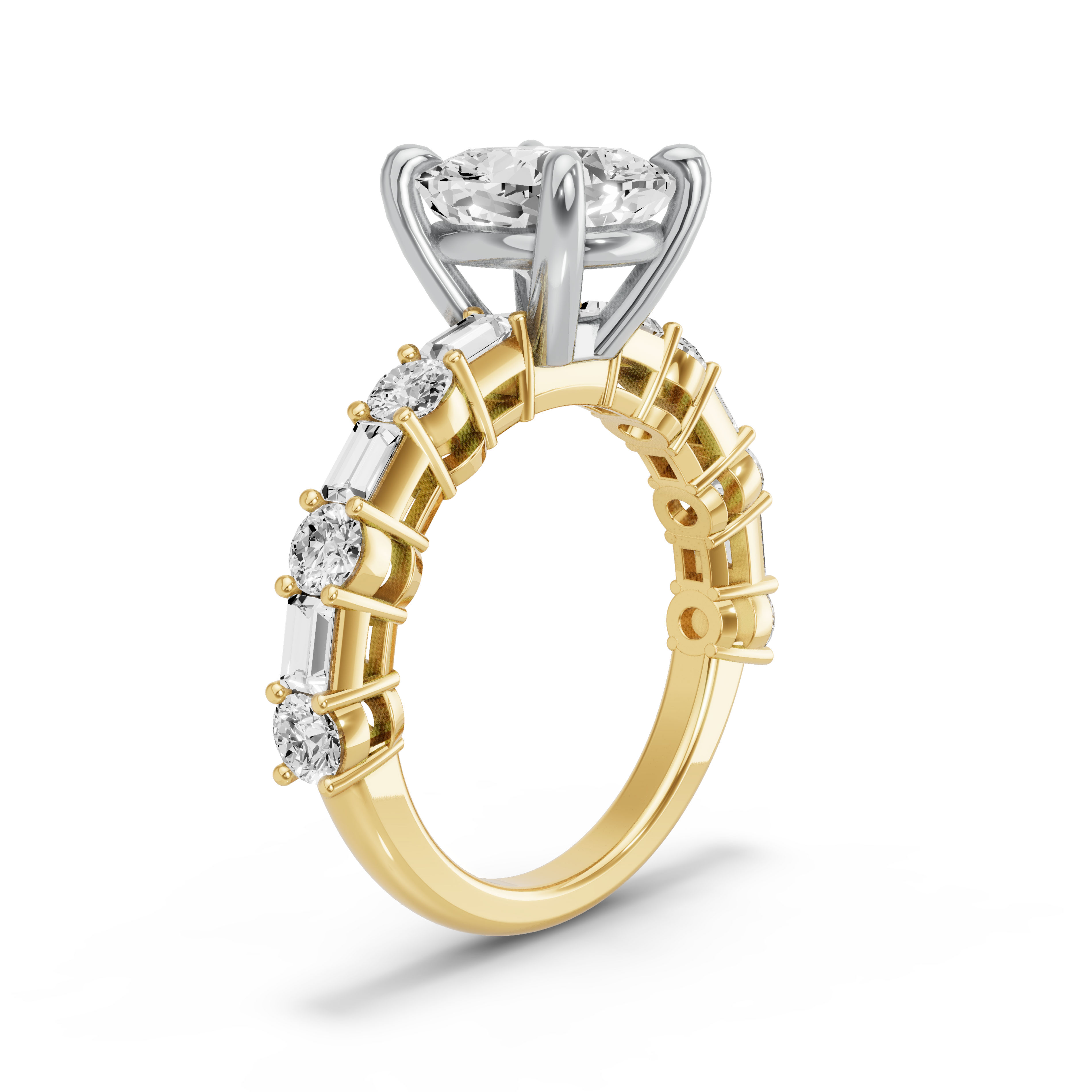 Image for Cushion Classic Basket Ring with Alternating Baguette band in 18K Two Tone Yellow Gold
