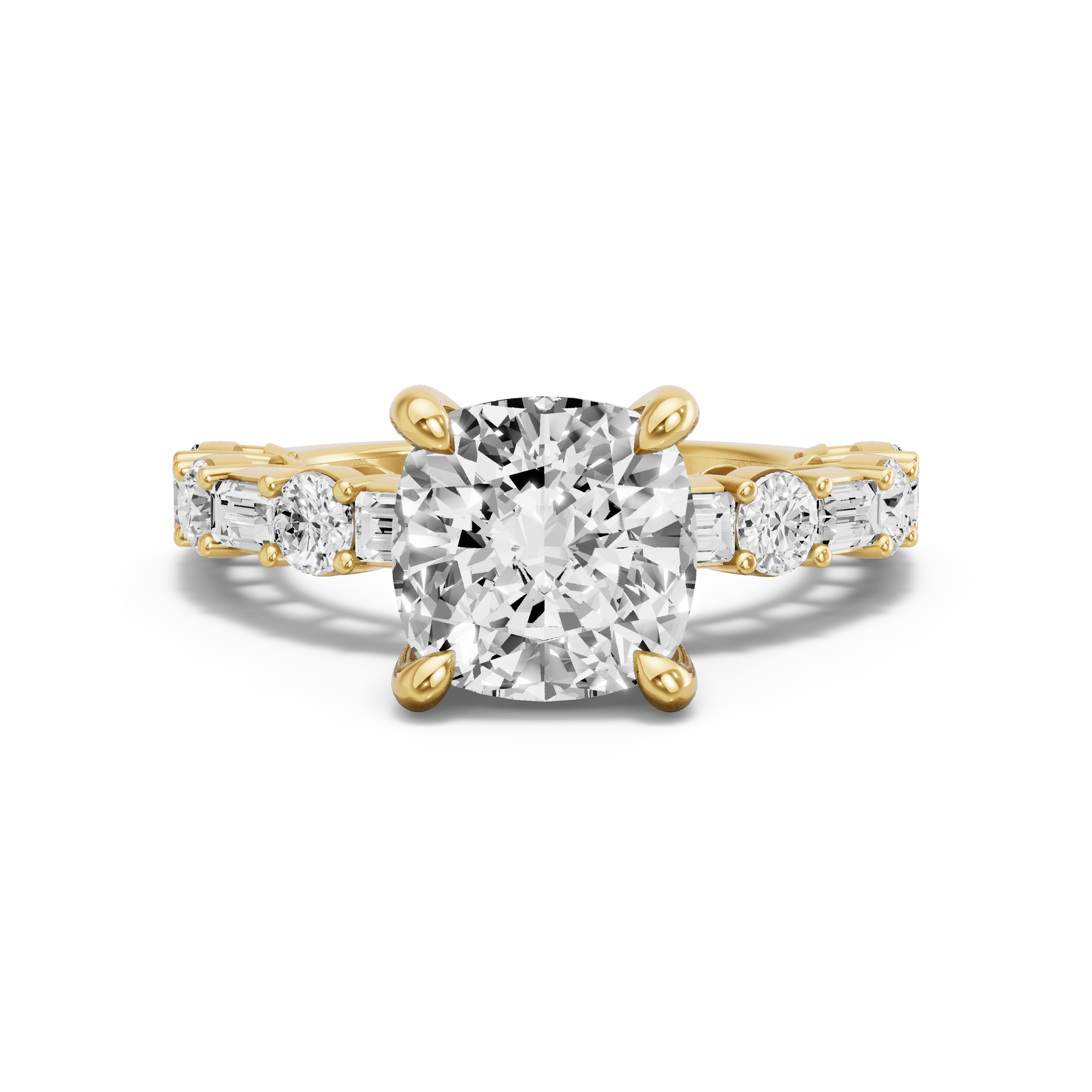 Image for Cushion Classic Basket Ring with Alternating Baguette band in 10K Yellow Gold