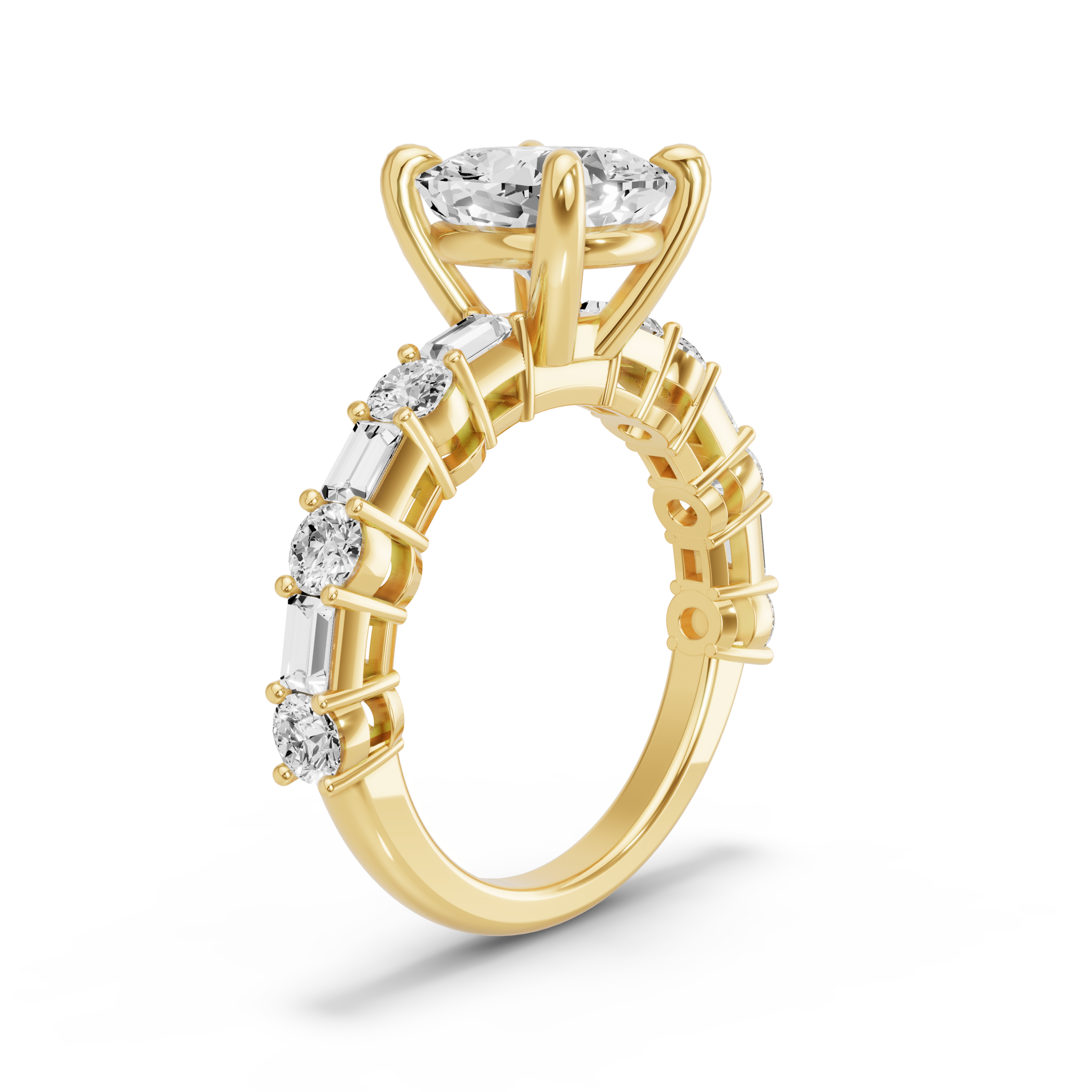 Image for Cushion Classic Basket Ring with Alternating Baguette band in 10K Yellow Gold