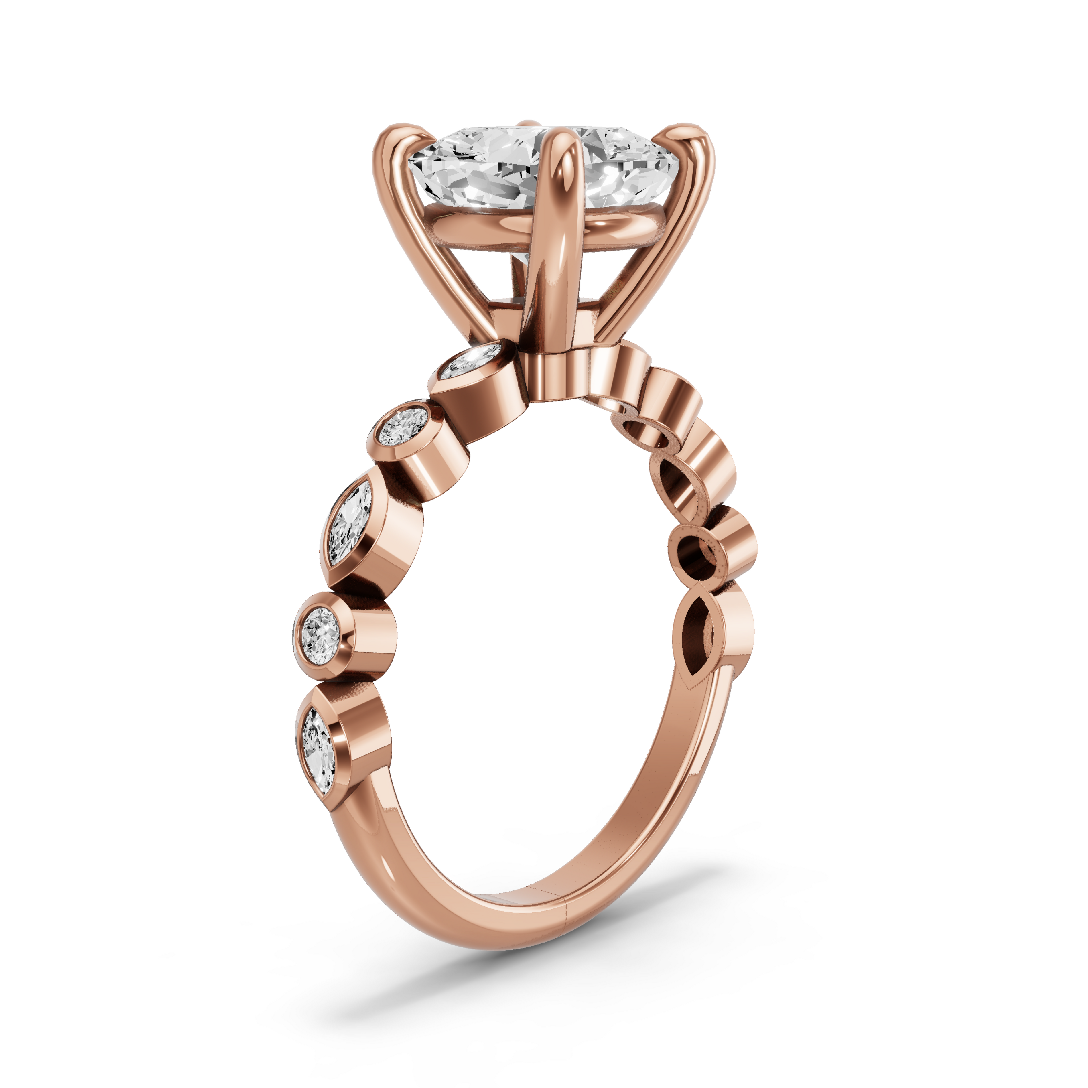 Image for Cushion Classic Basket Ring with Alternating Marquise band in 10K Rose Gold