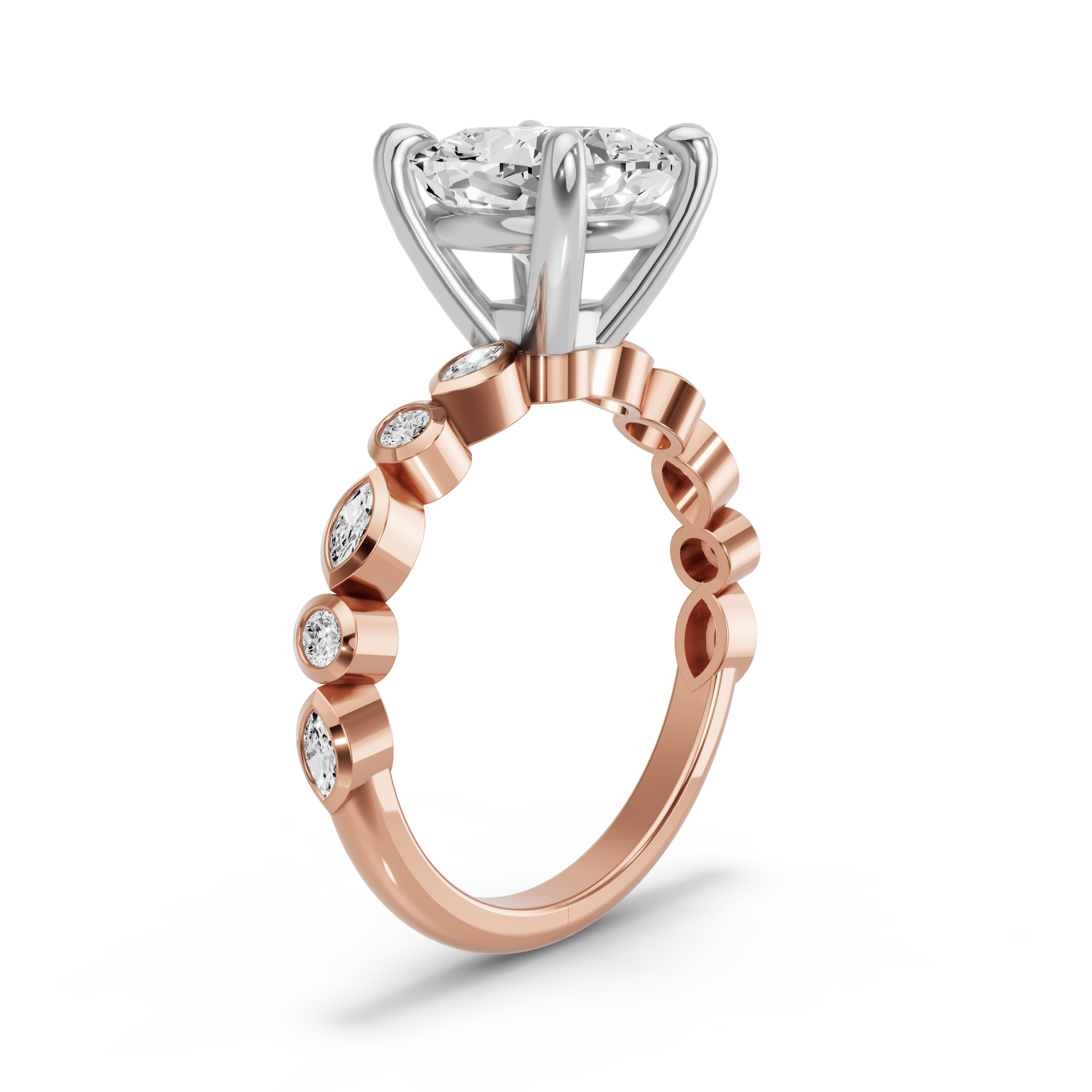 Image for Cushion Classic Basket Ring with Alternating Marquise band in 10K Two Tone Rose Gold