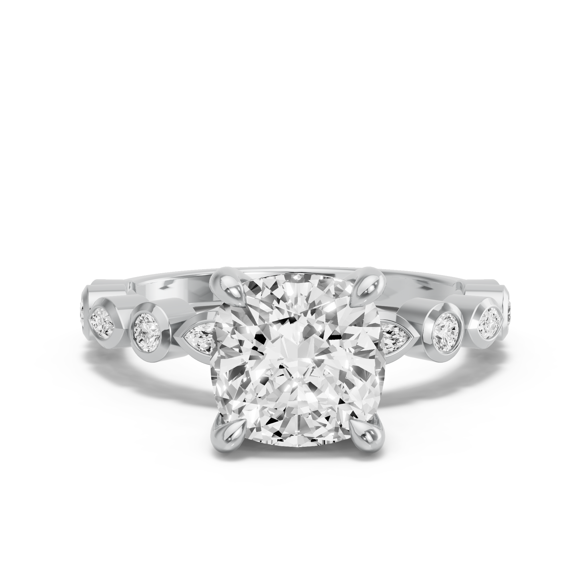 Image for Cushion Classic Basket Ring with Alternating Marquise band in 10K White Gold