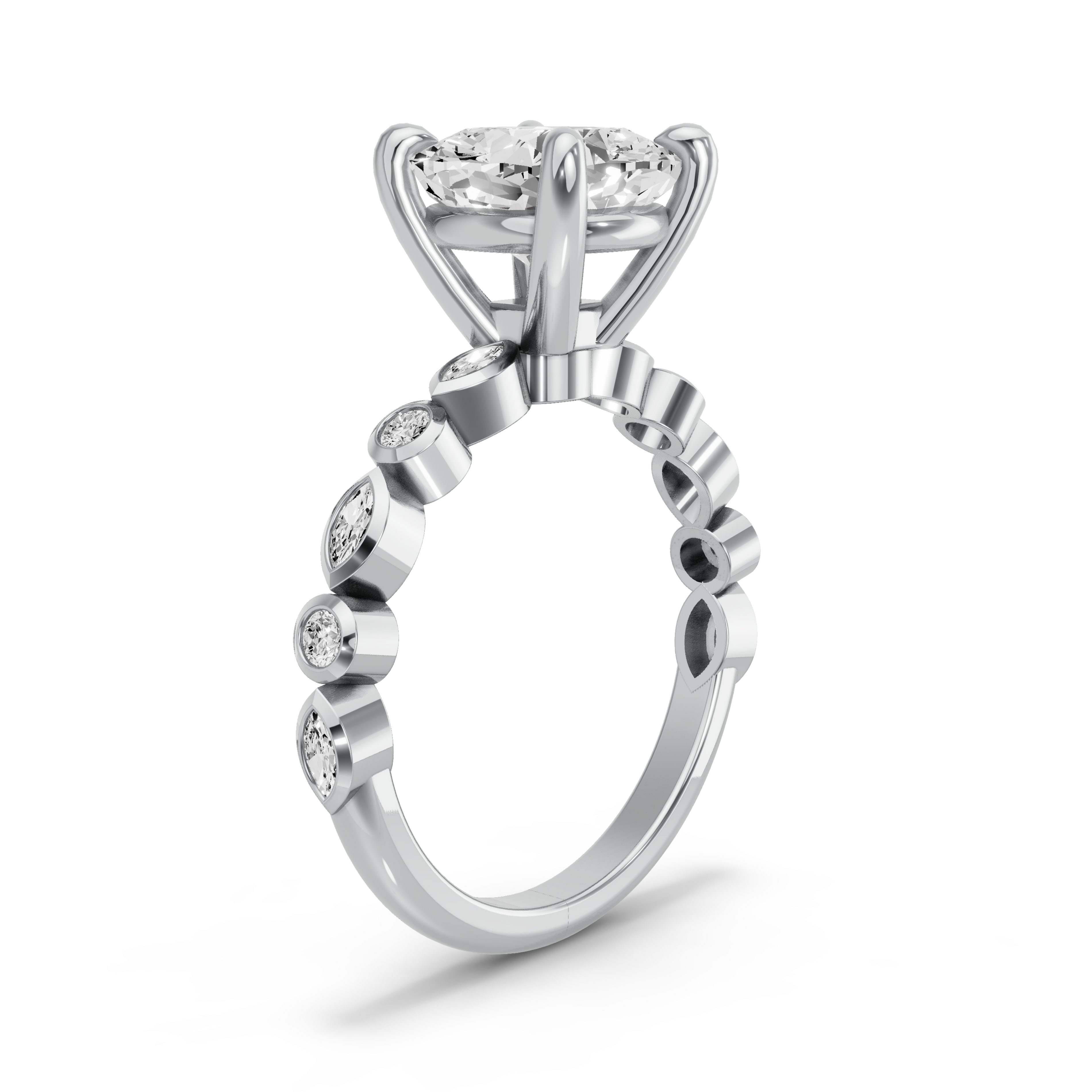 Image for Cushion Classic Basket Ring with Alternating Marquise band in 10K White Gold