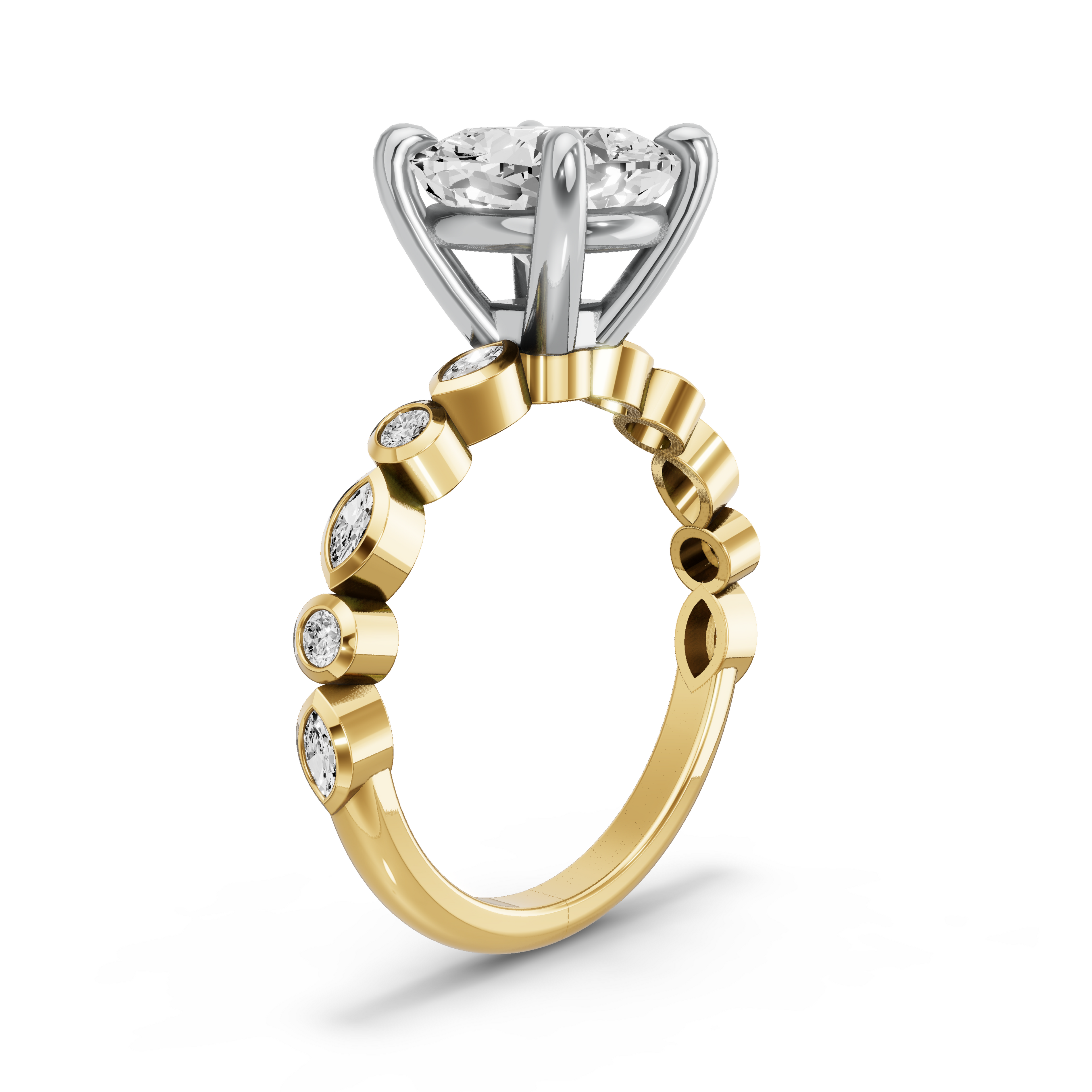 Image for Cushion Classic Basket Ring with Alternating Marquise band in 14K Two Tone Yellow Gold