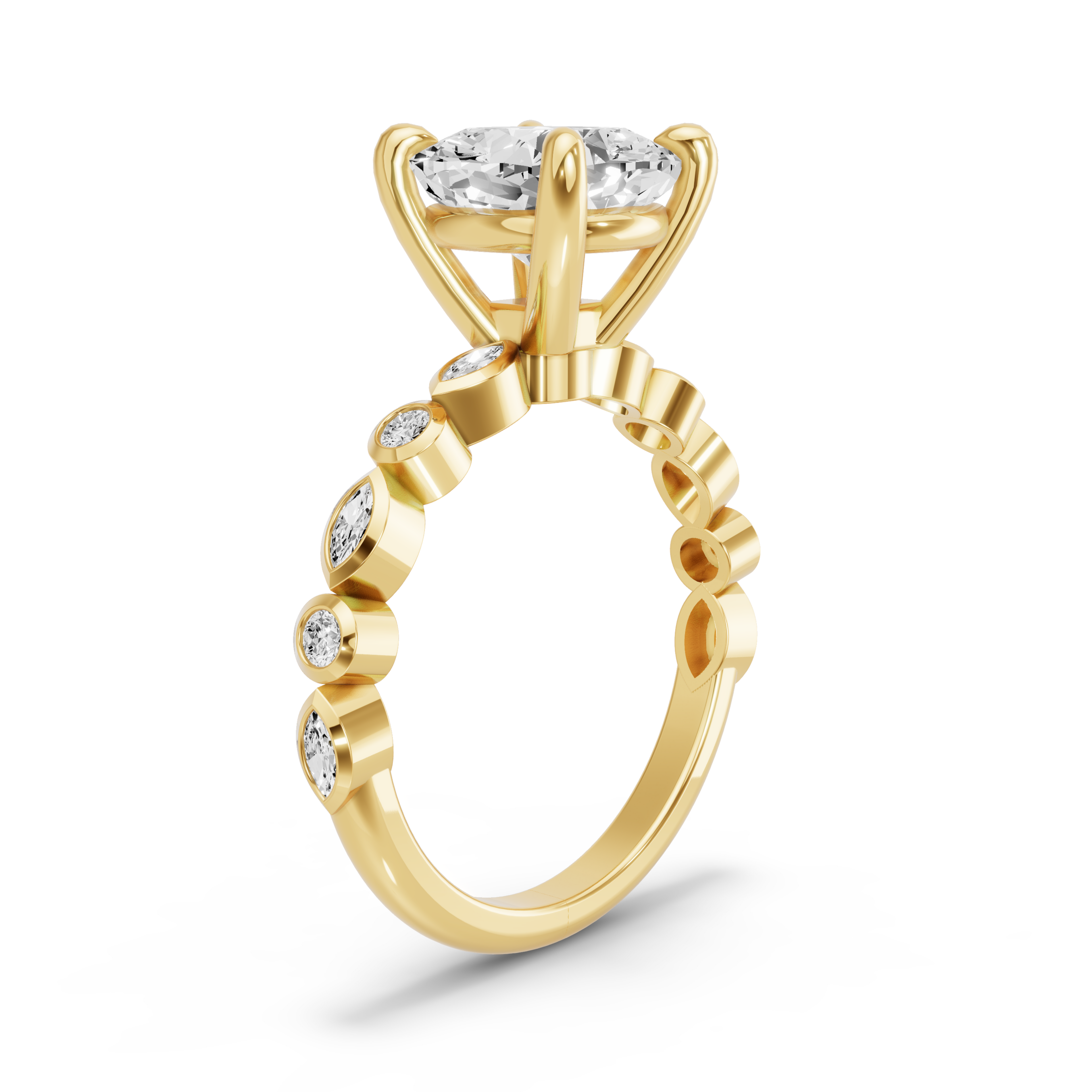 Image for Cushion Classic Basket Ring with Alternating Marquise band in 18K Yellow Gold