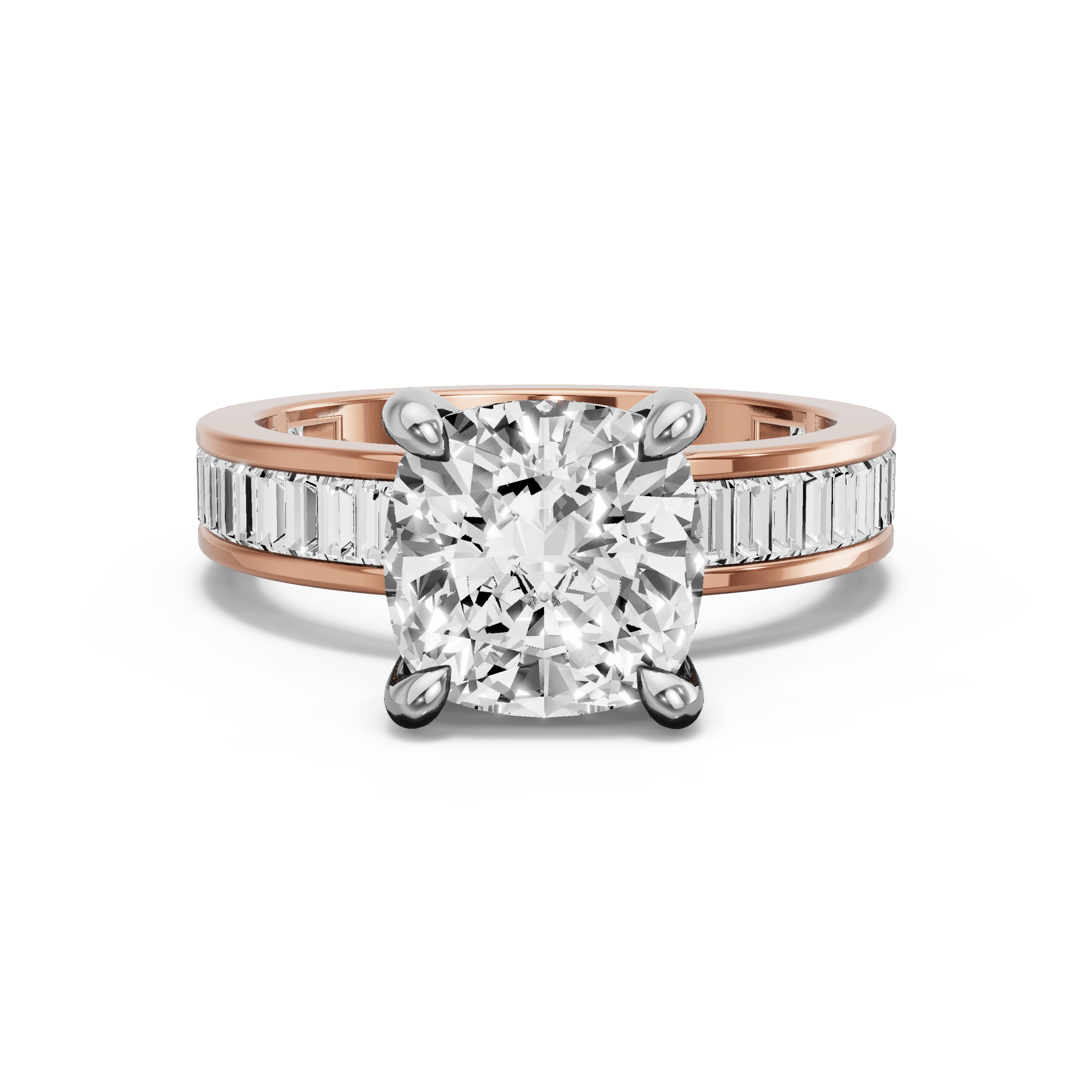 Image for Cushion Classic Basket Ring with Baguette Channel band in 18K Two Tone Rose Gold