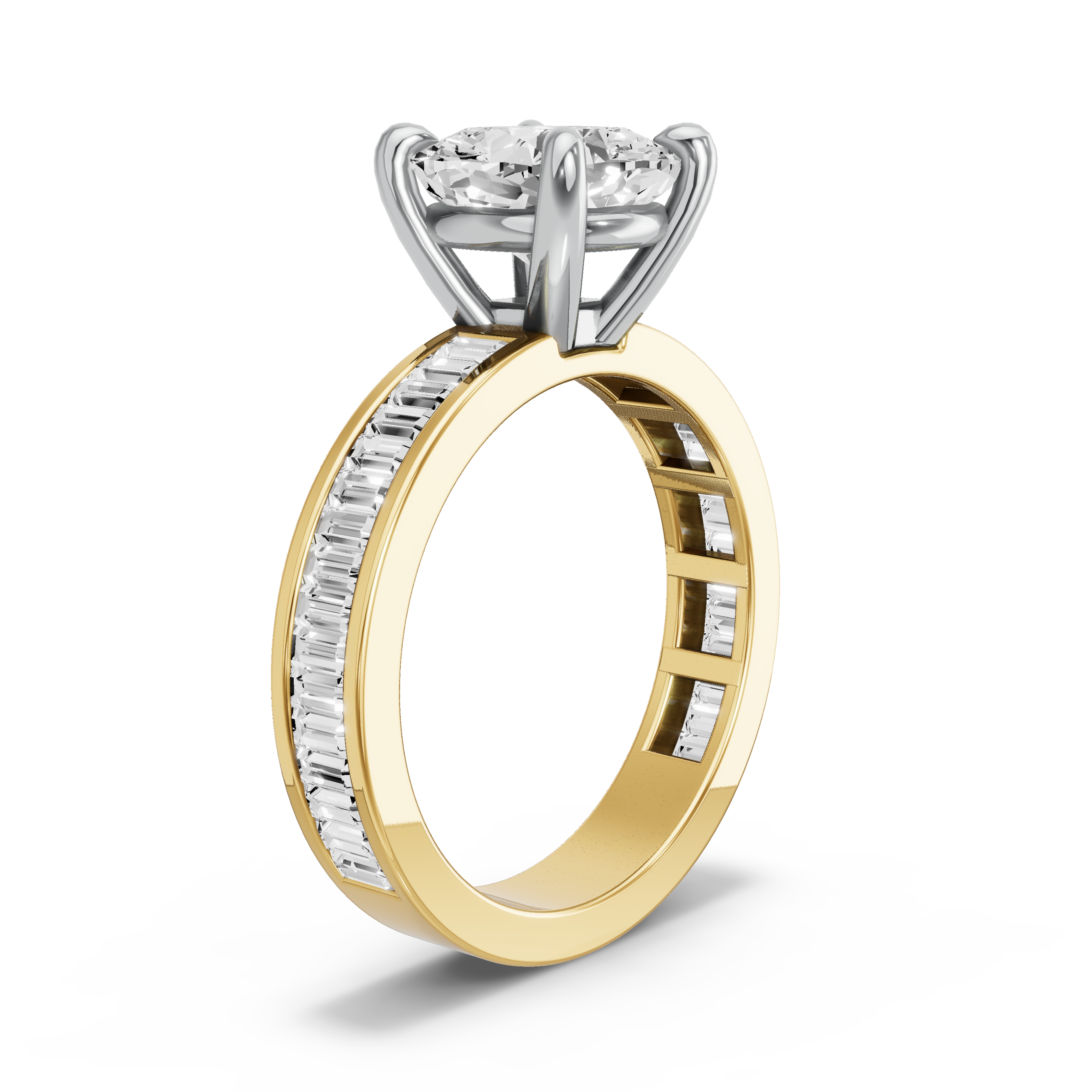 Image for Cushion Classic Basket Ring with Baguette Channel band in 10K Two Tone Yellow Gold