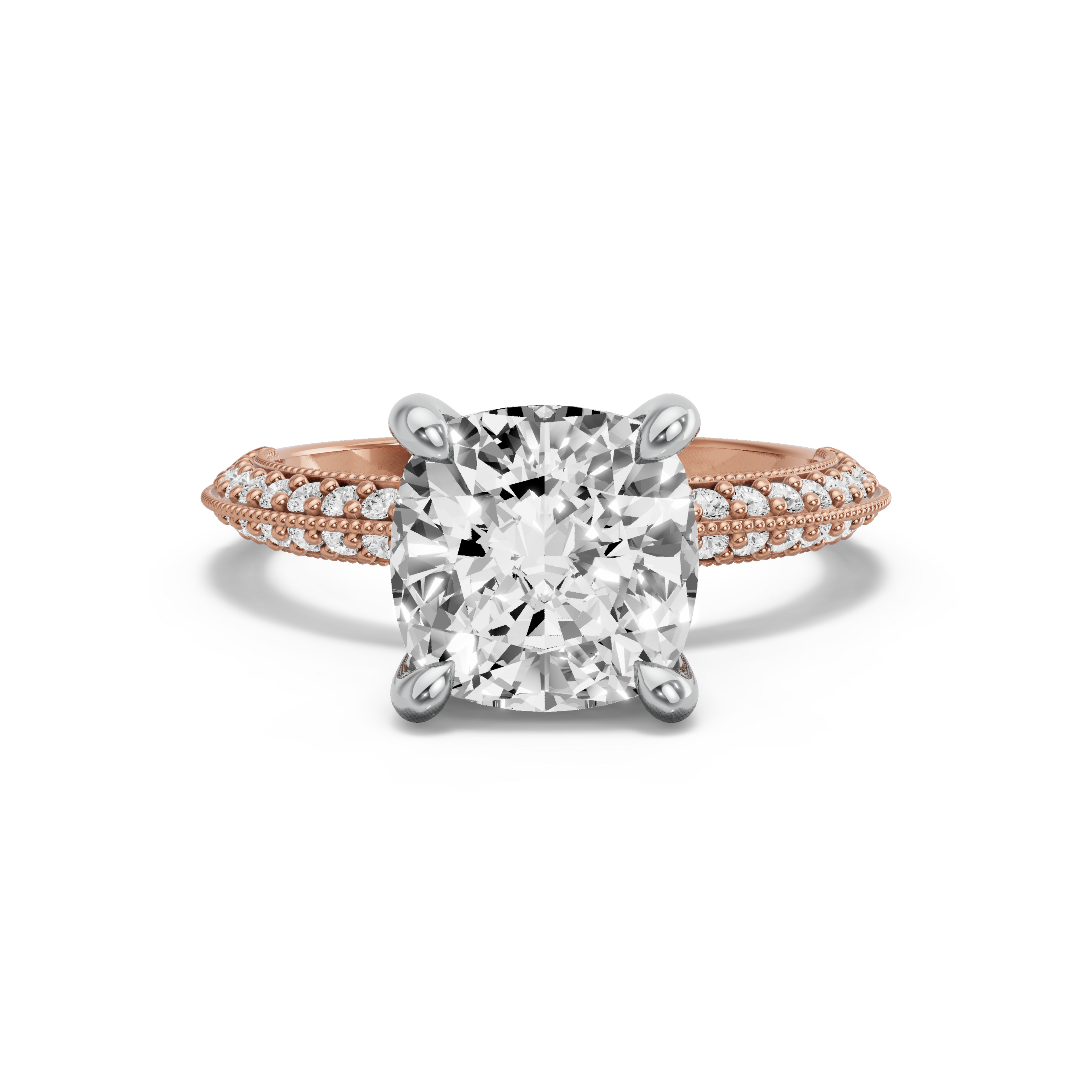 Image for Cushion Classic Basket Ring with Knife Edge Pave band in 18K Two Tone Rose Gold
