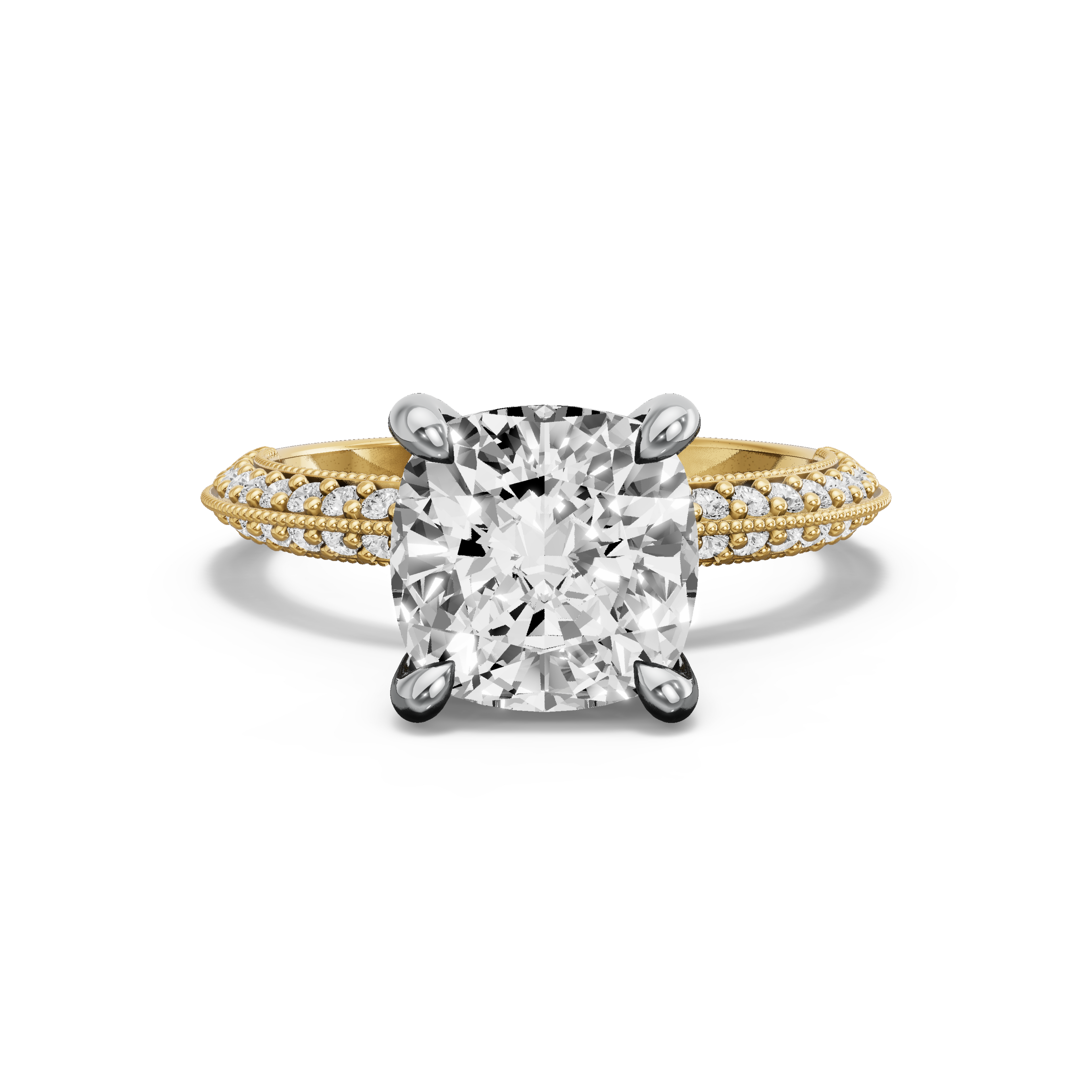 Image for Cushion Classic Basket Ring with Knife Edge Pave band in 10K Two Tone Yellow Gold