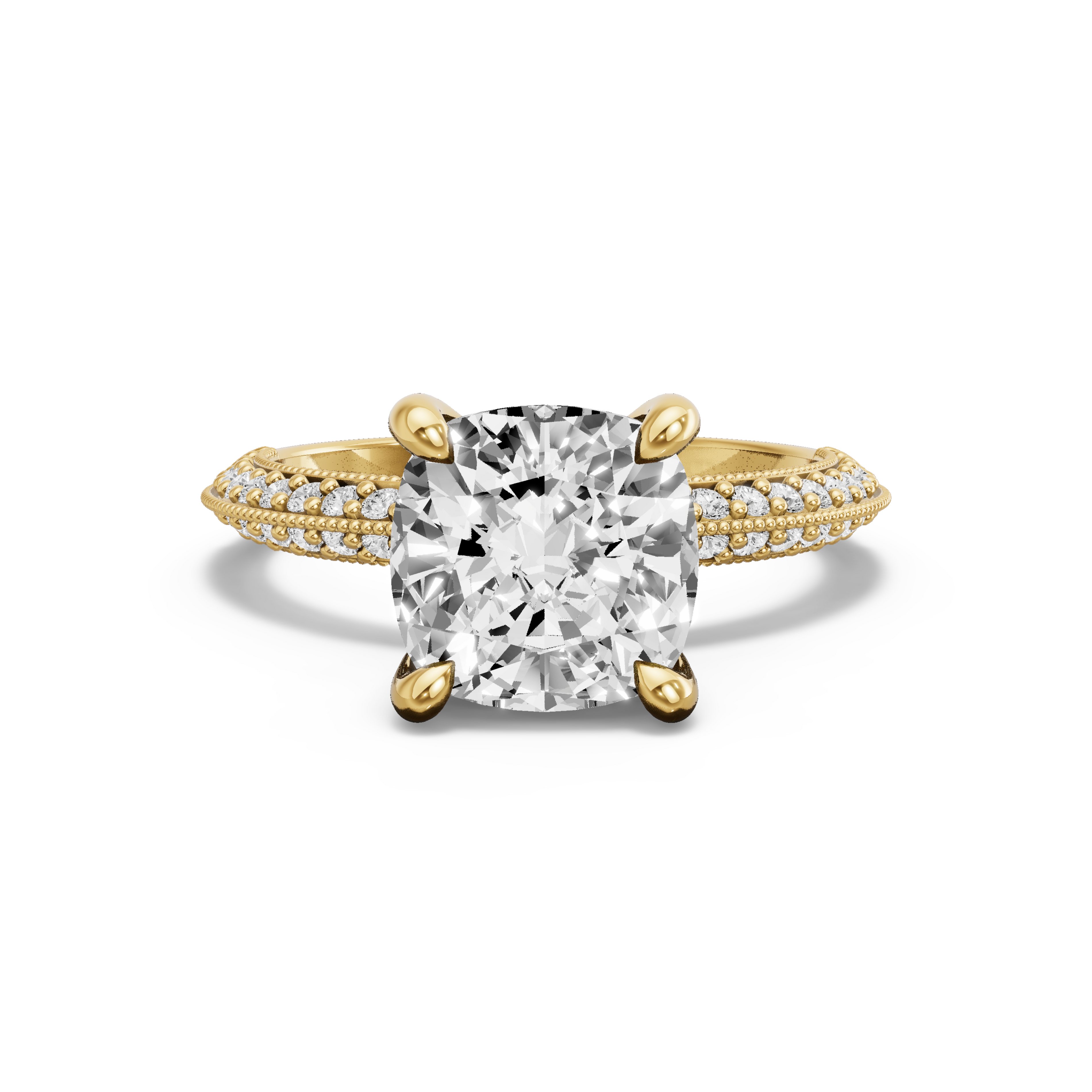 Image for Cushion Classic Basket Ring with Knife Edge Pave band in 18K Yellow Gold