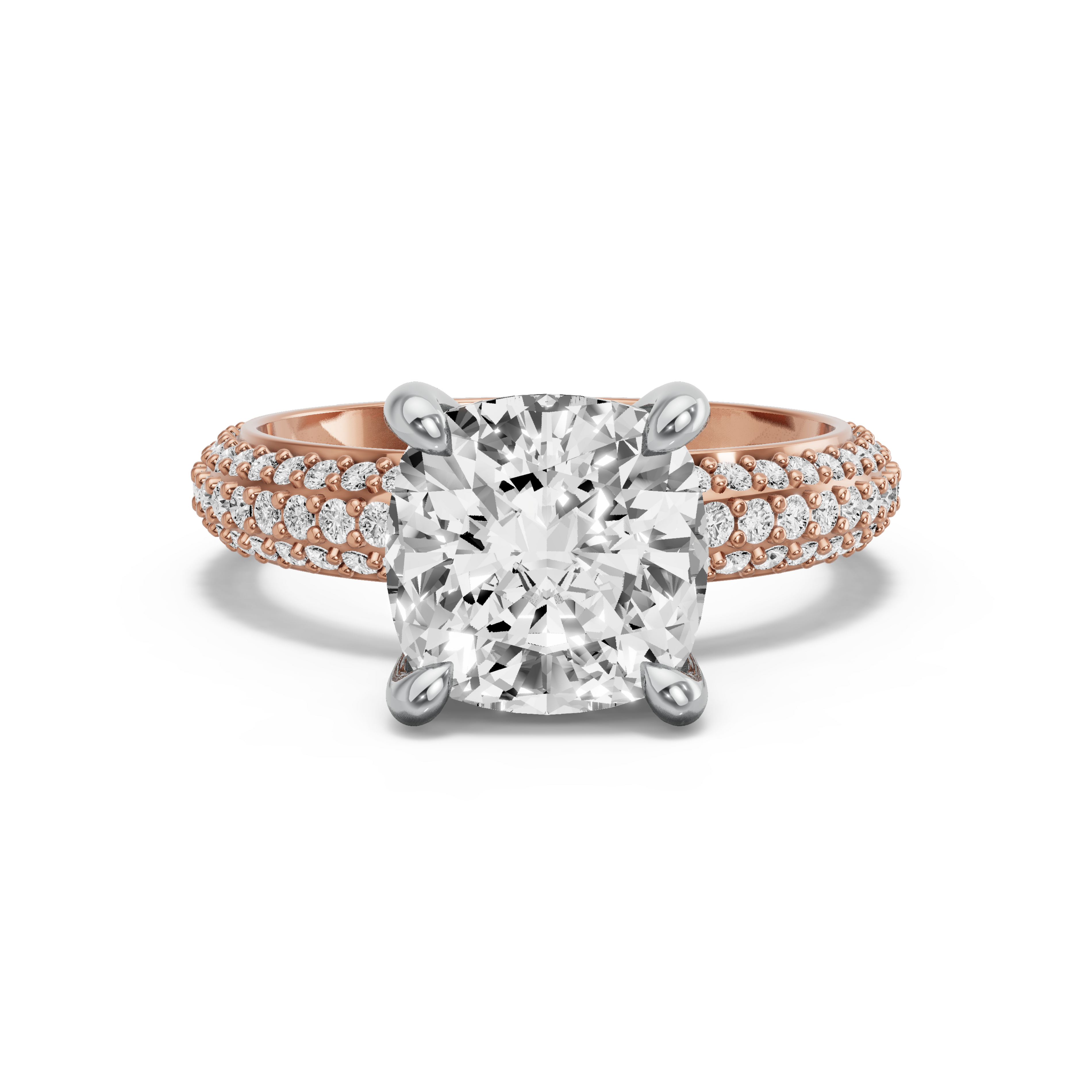 Image for Cushion Classic Basket Ring with Triple Row Pave band in 10K Two Tone Rose Gold