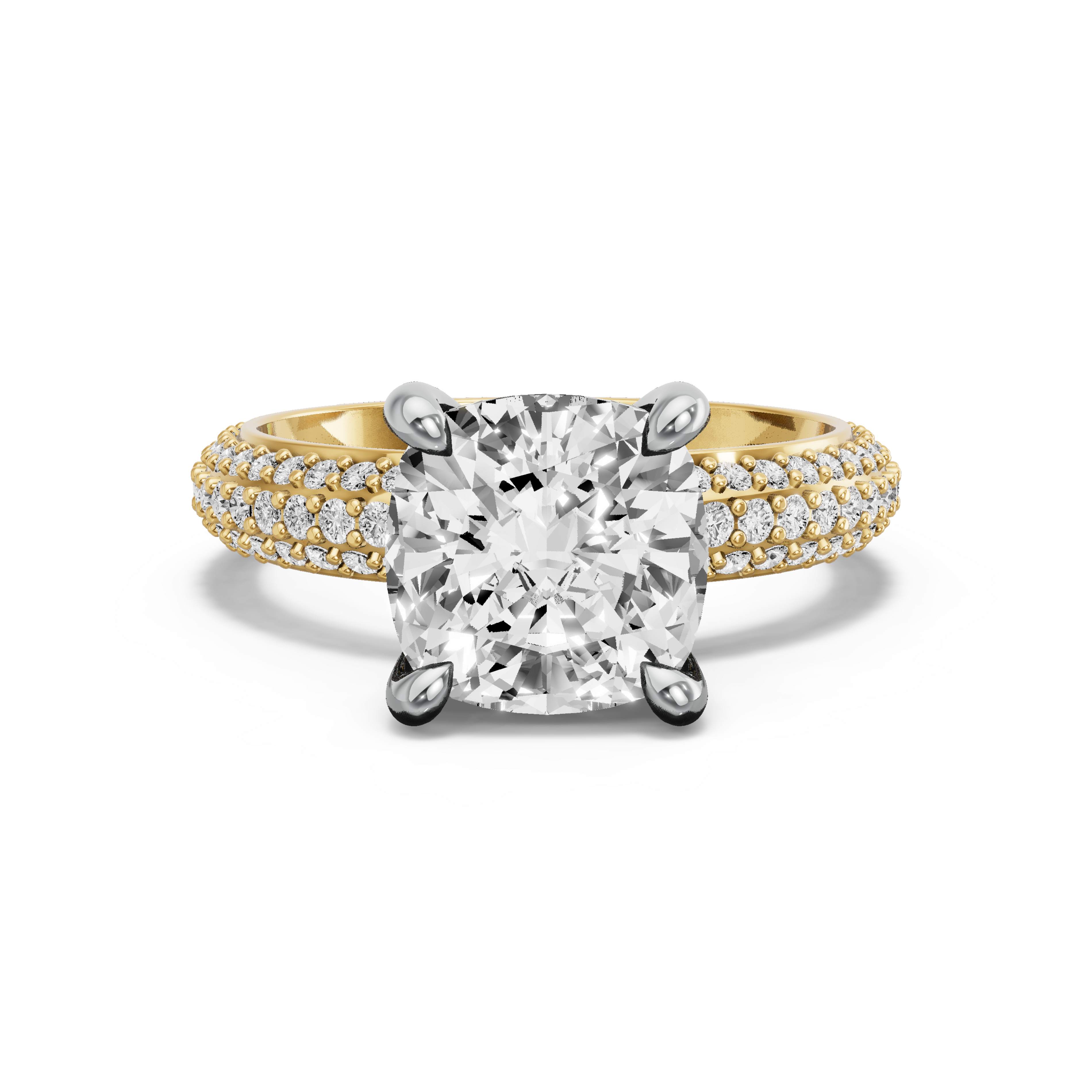 Image for Cushion Classic Basket Ring with Triple Row Pave band in 14K Two Tone Yellow Gold