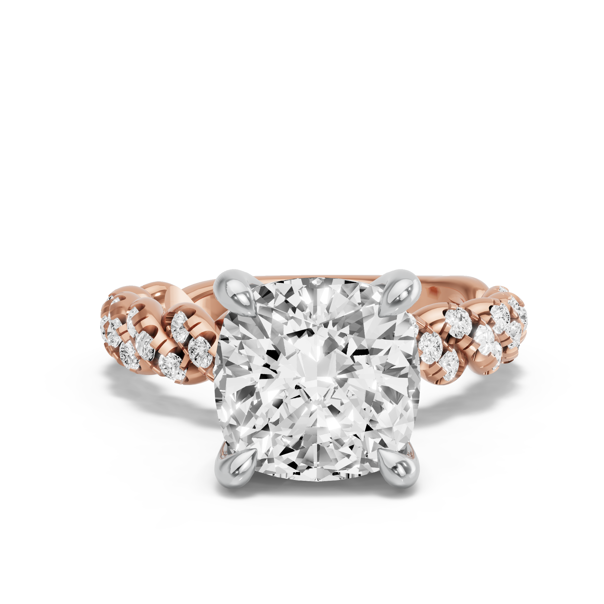 Image for Cushion Classic Basket Ring with Twist Pave band in 18K Two Tone Rose Gold
