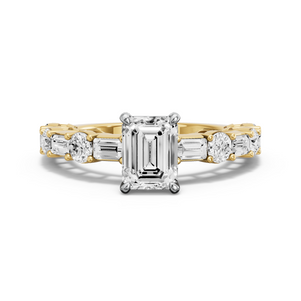 Image for Emerald Classic Basket Ring with Alternating Baguette band in 14K Two Tone Yellow Gold