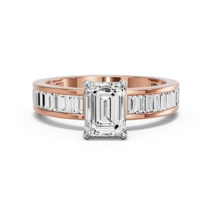 Image for Emerald Classic Basket Ring with Baguette Channel band in 14K Two Tone Rose Gold