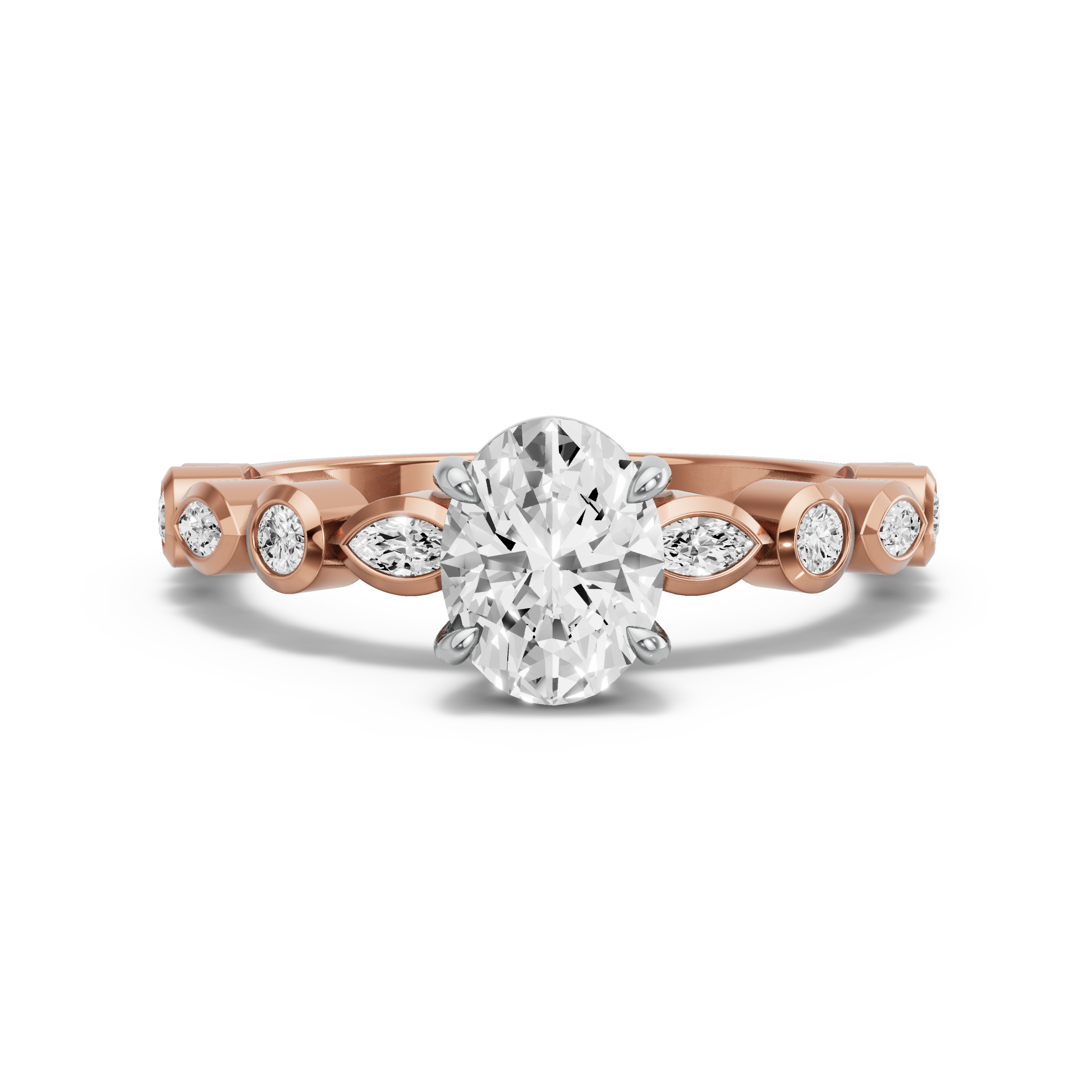 Image for Oval Classic Basket Ring with Alternating Marquise band in 14K Two Tone Rose Gold