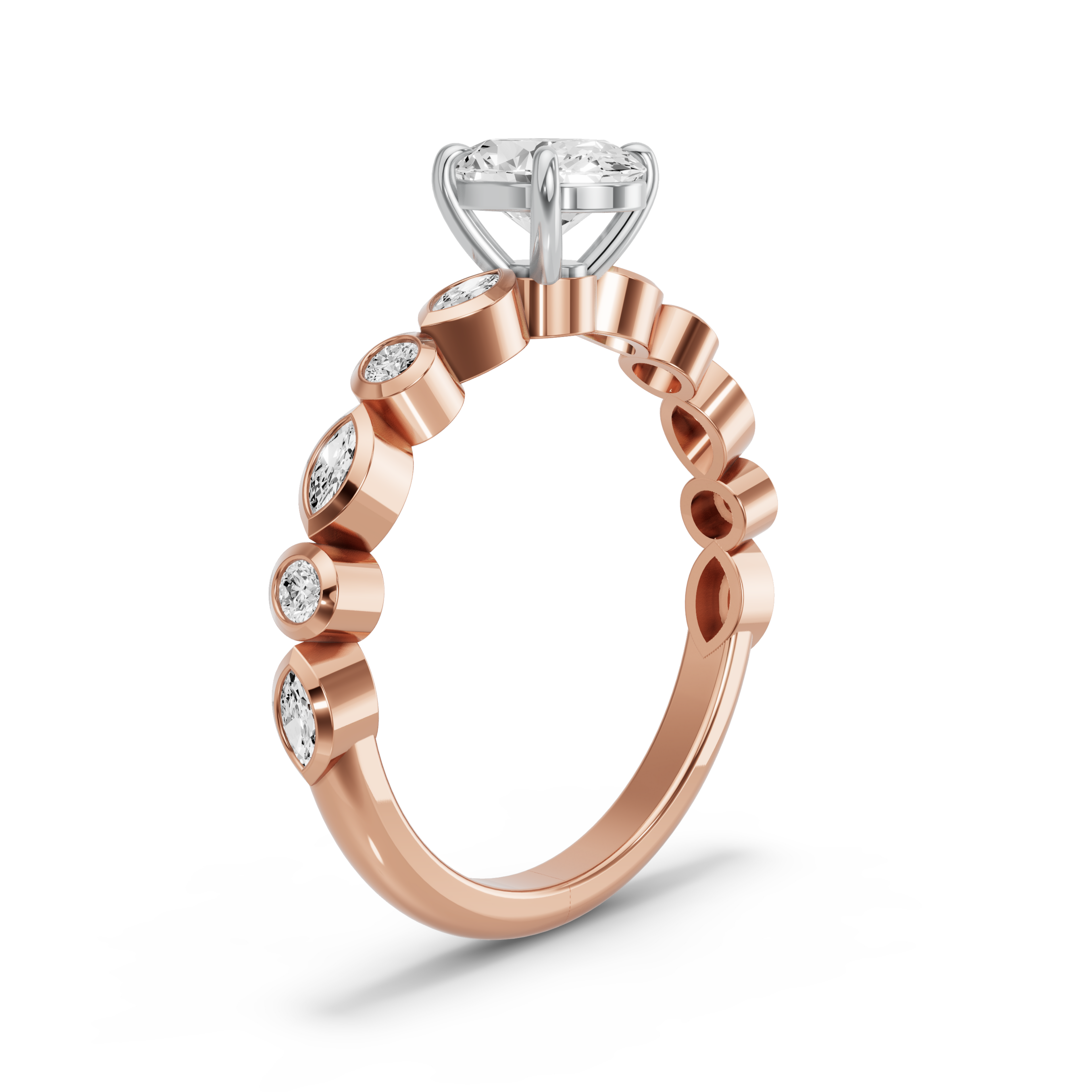 Image for Oval Classic Basket Ring with Alternating Marquise band in 14K Two Tone Rose Gold