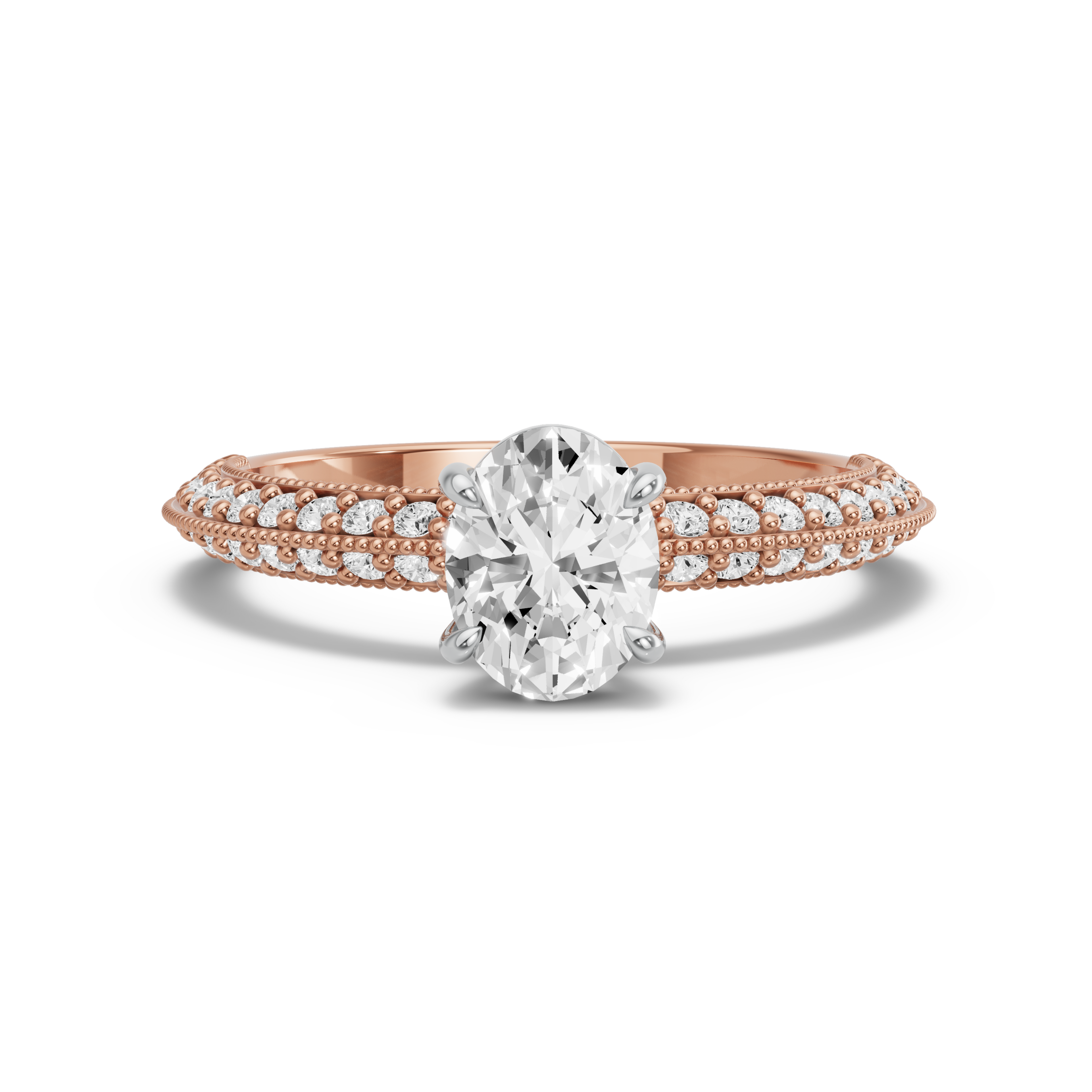 Image for Oval Classic Basket Ring with Knife Edge Pave band in 18K Two Tone Rose Gold