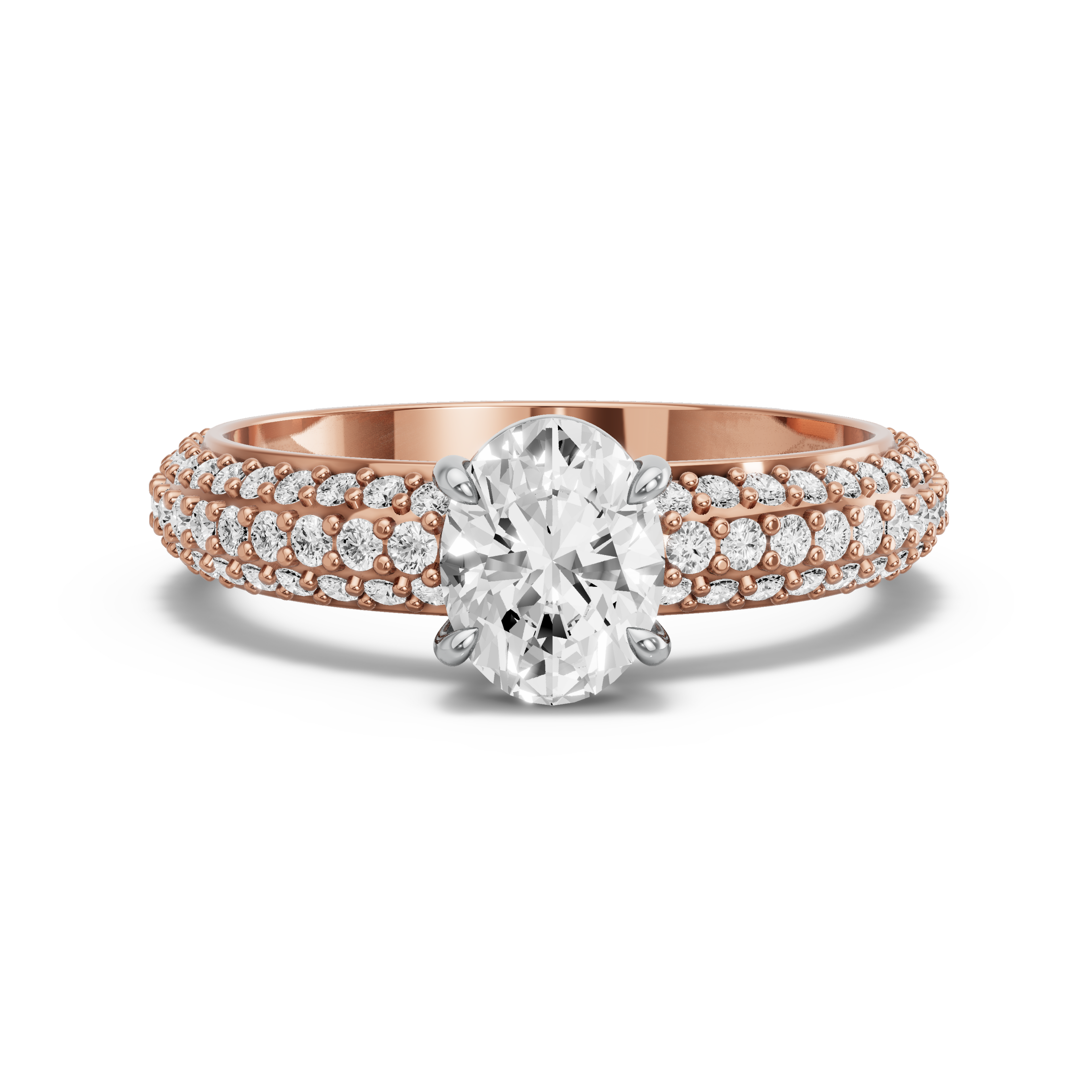 Image for Oval Classic Basket Ring with Triple Row Pave band in 10K Two Tone Rose Gold